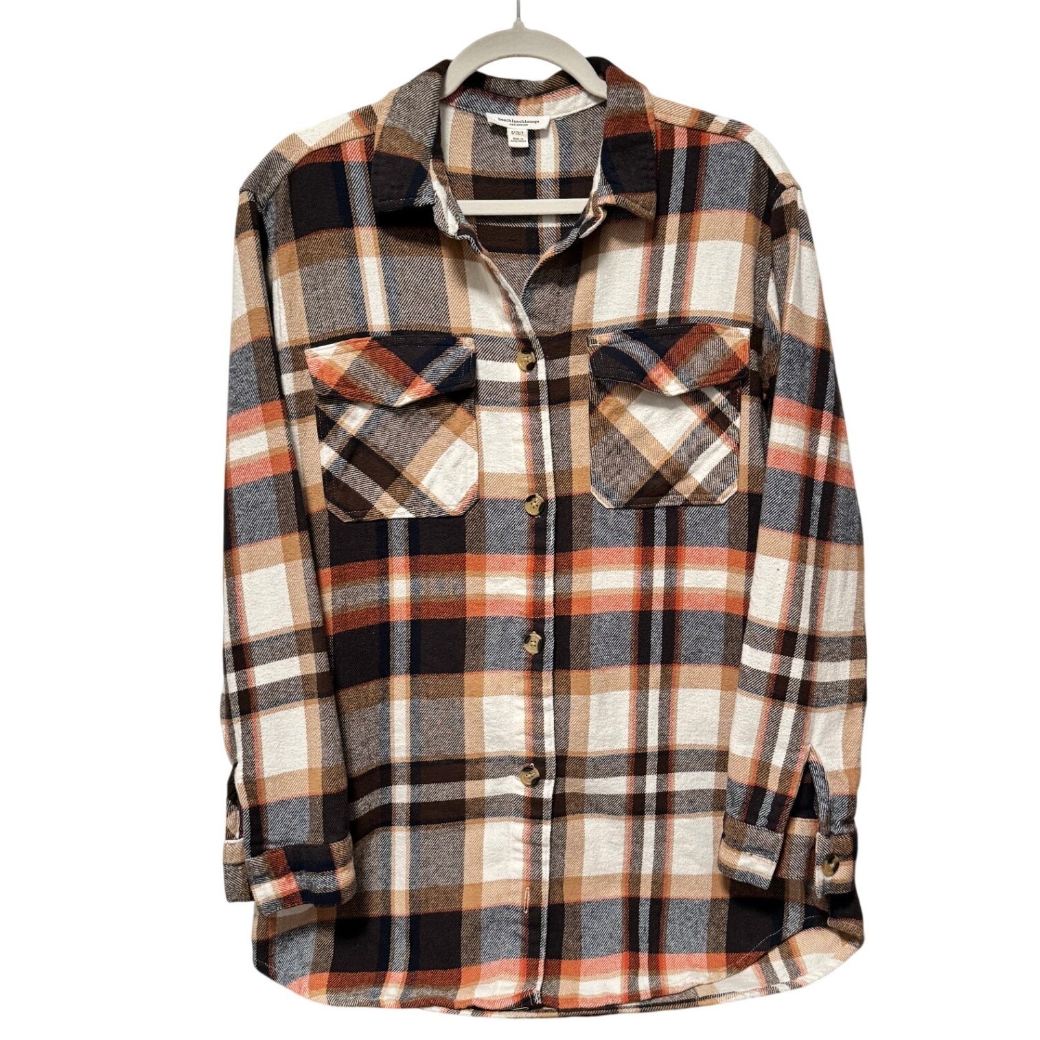 Womens Plaid Flannel Shirt Jacket BeachLoungeLunch Orange Brown White