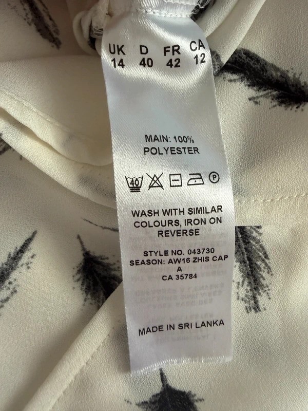 Jacques Vert Blouse UK 14 White Black Feather Print Long Sleeve V Neck