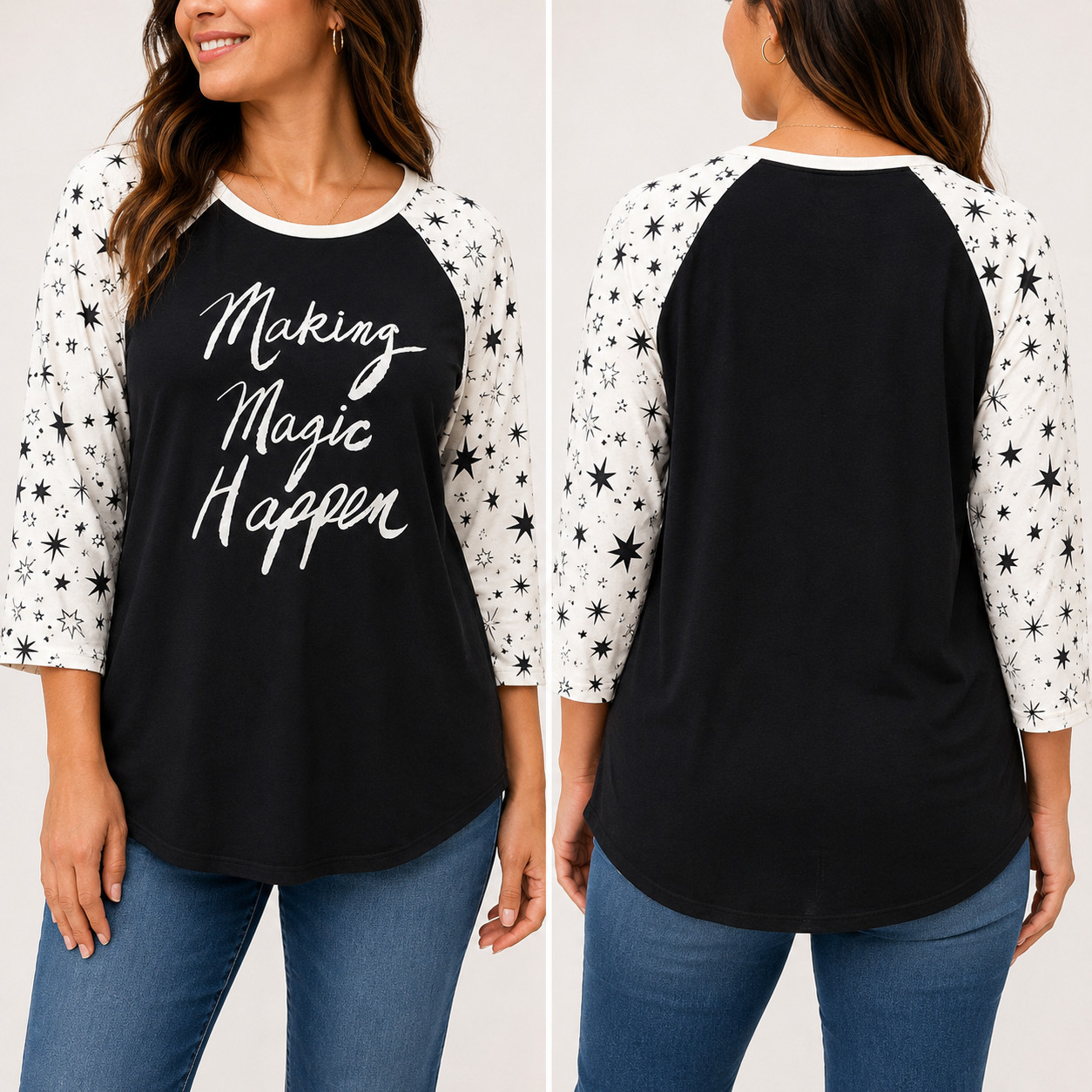 LuLaRoe Randy Making Magic Happen Graphic Raglan Top Women’s Medium Black Stars