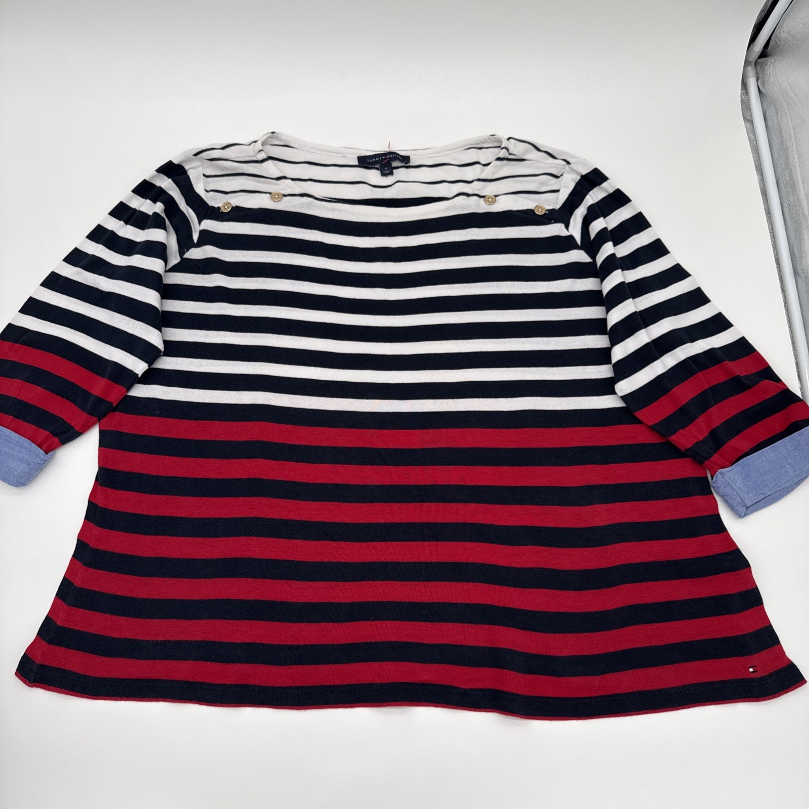 Tommy Hilfiger Womens Nautical Striped Boatneck Top Red White Blk Gold Button XL