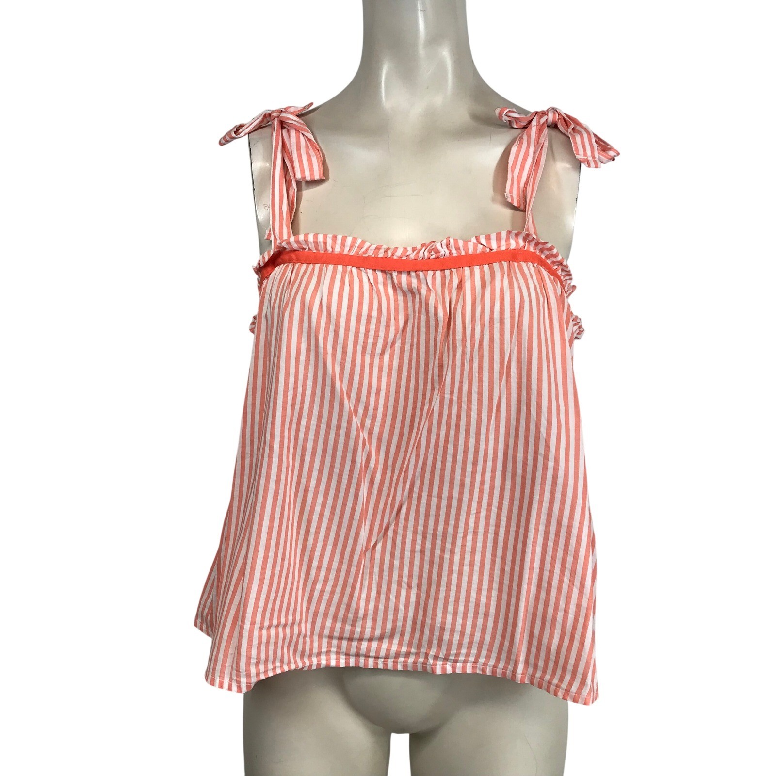 Aerie Striped Tie Strap Ruffle Tank Top Coral White Medium