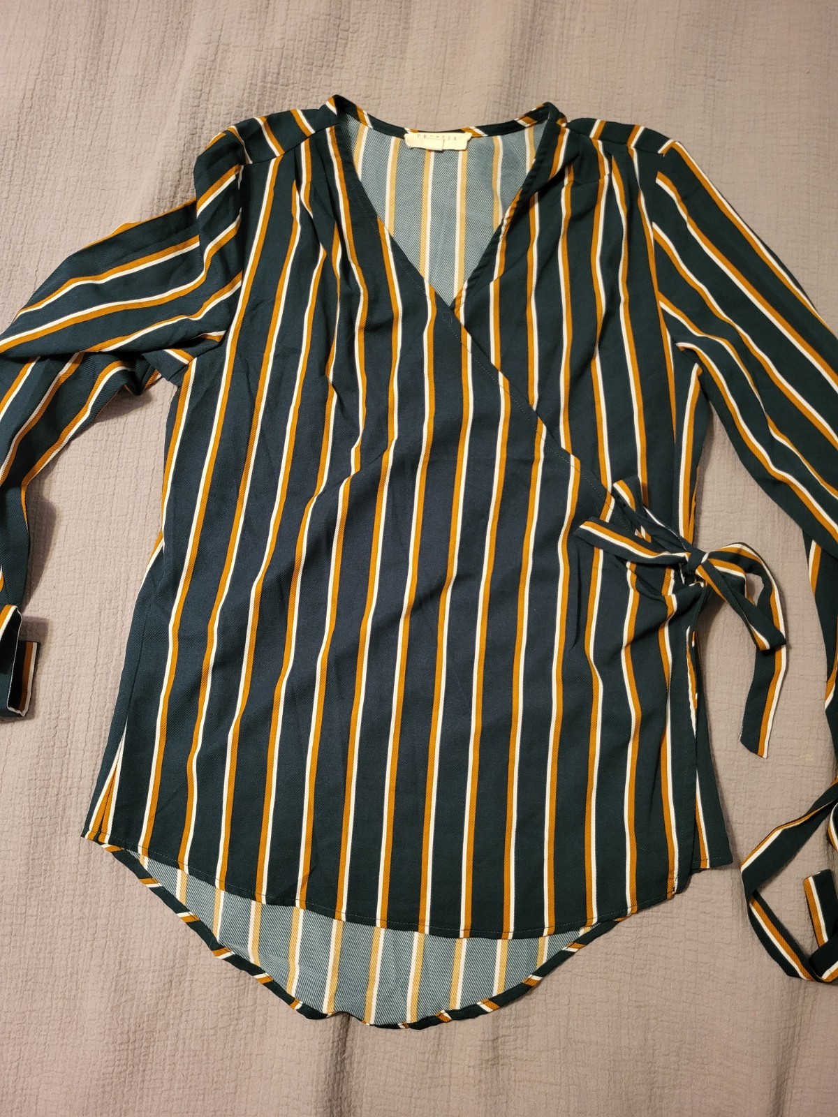 Promesa Green Mustard Stripe Wrap Blouse Tie Sleeve Top Boho Chic Size S NWOT