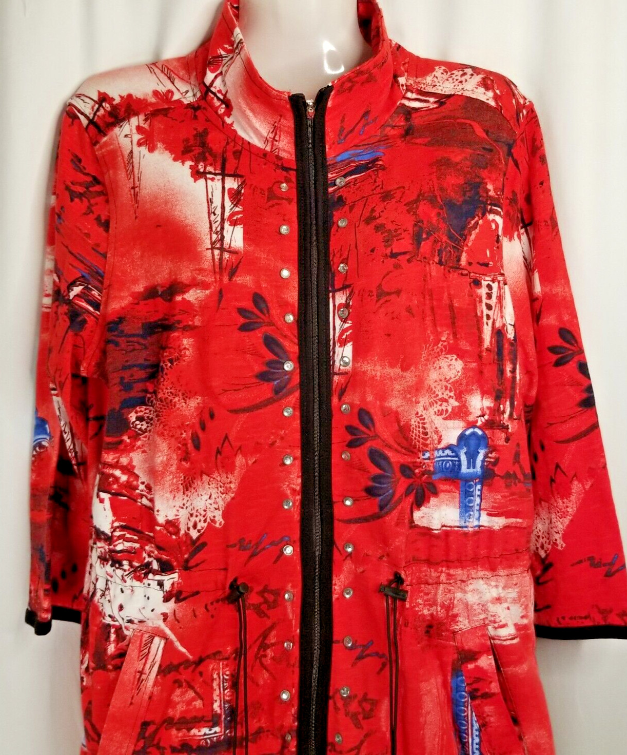 Onque Casuals Women’s Jacket Red Studded Full Zipper Pocket Asian Flair Large