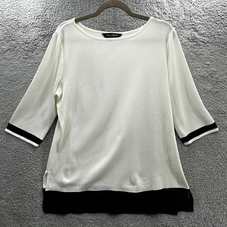 Ming Wang Women’s XL White Blouse Black Mesh Trim