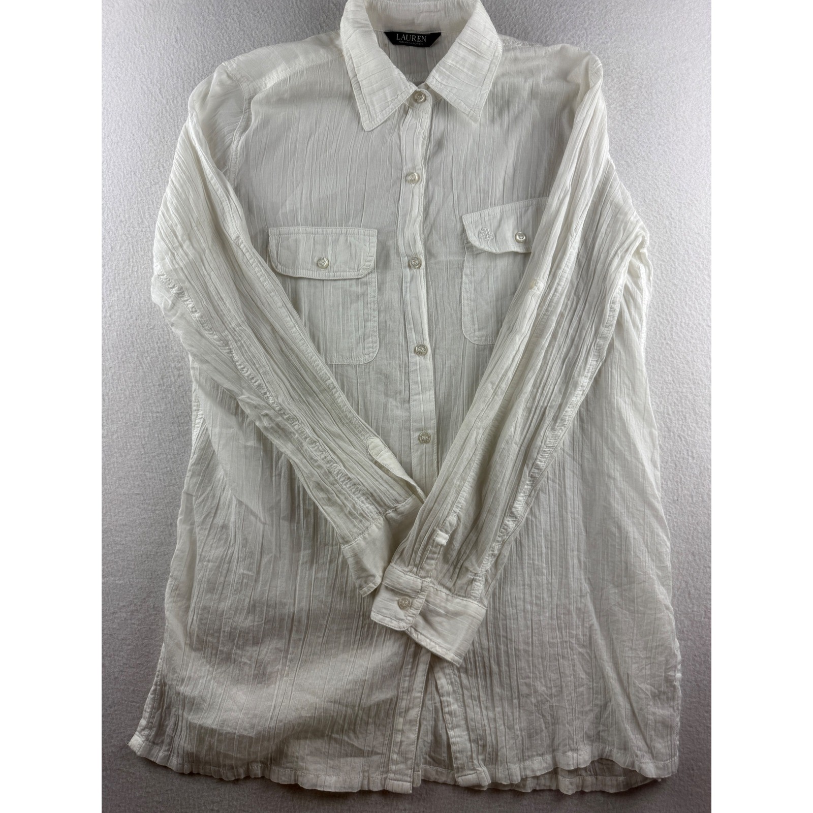 Lauren Ralph Lauren White Crinkle Gauze Button Down Tunic Shirt Women’s L/S
