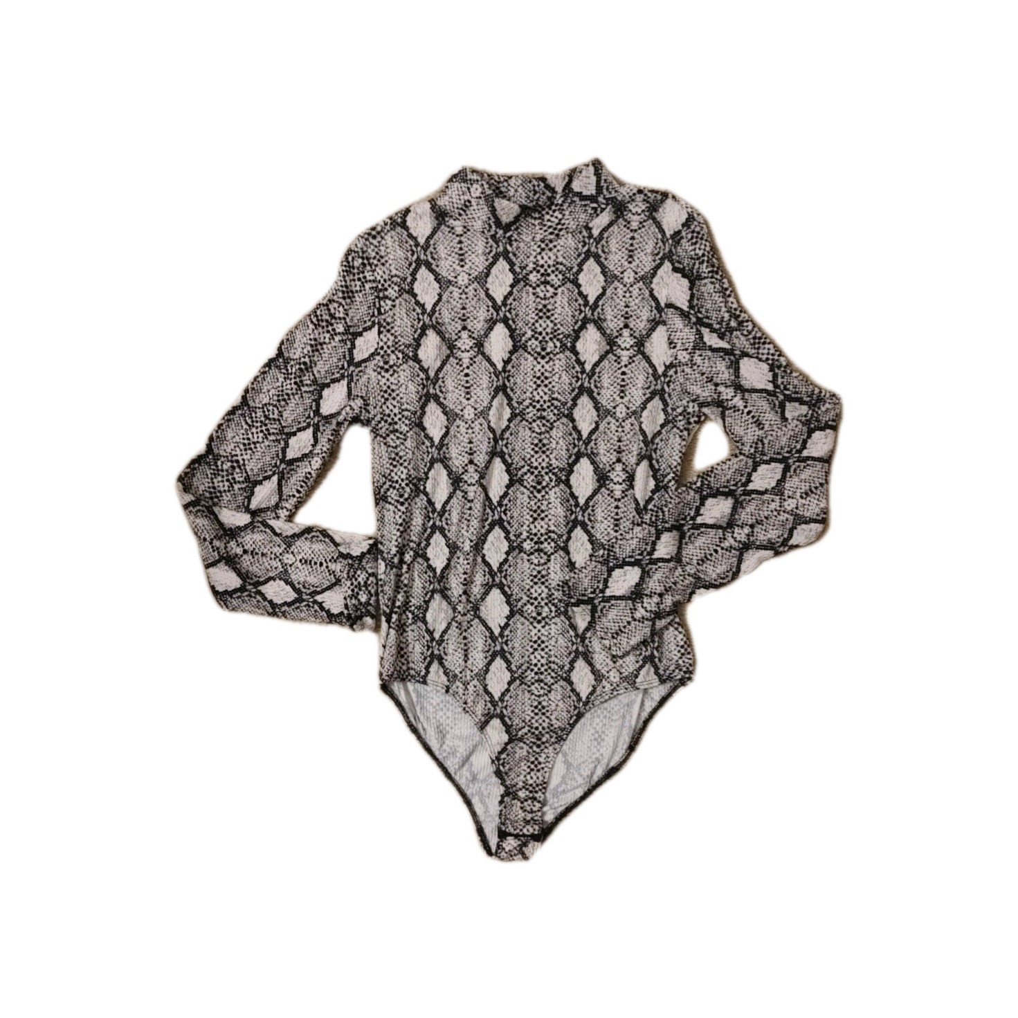 Buckle Black & White Snake Skin 1pc Bodysuit Mock Neck Long Sleeves Women’s XL