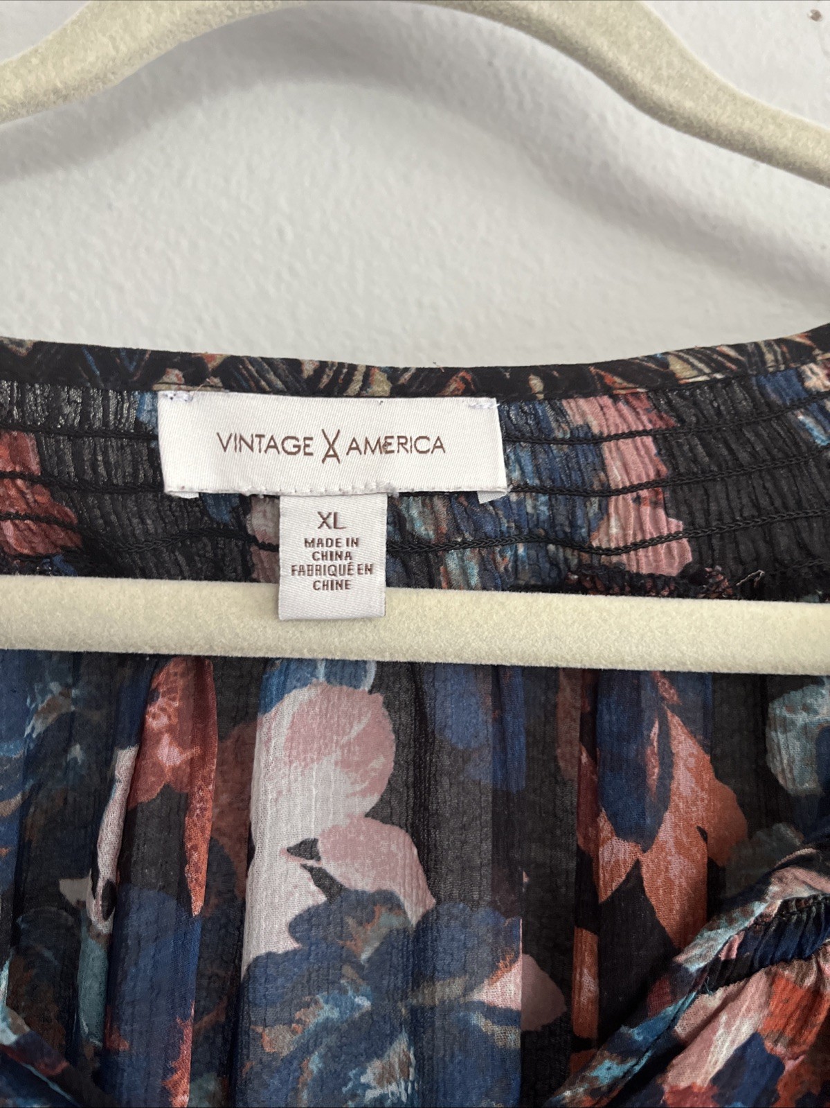 Vintage America Women’s XL Black Blue Floral Boho Top Tassels Patchwork Shoulder