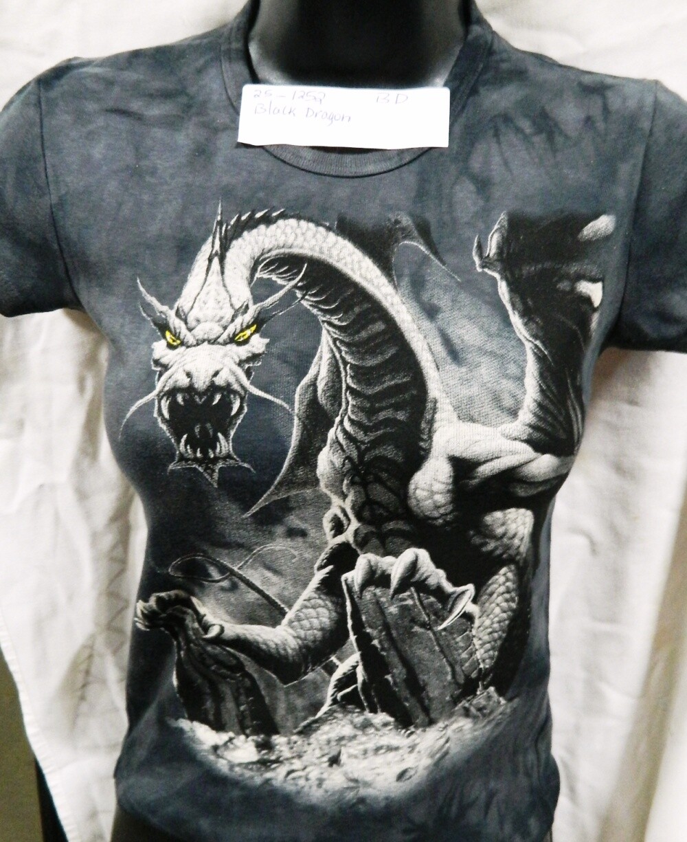 Black Dragon Perched To Strike Hand Dyed Black Baby Doll/Juniors Shirt UNWORN