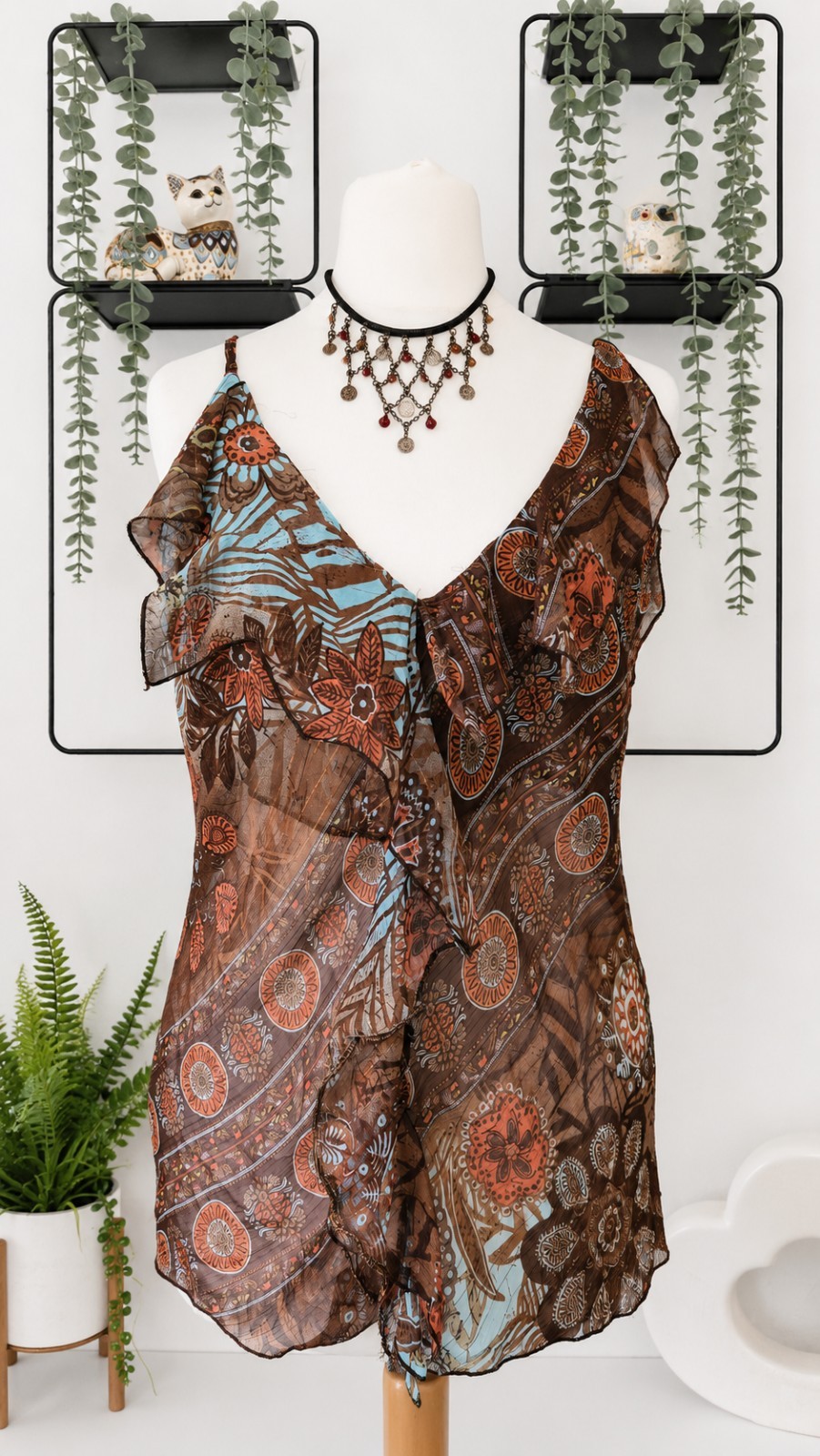 Y2K Pure Silk Sheer Ruffle Asymmetrical Top UK 10 EU 38