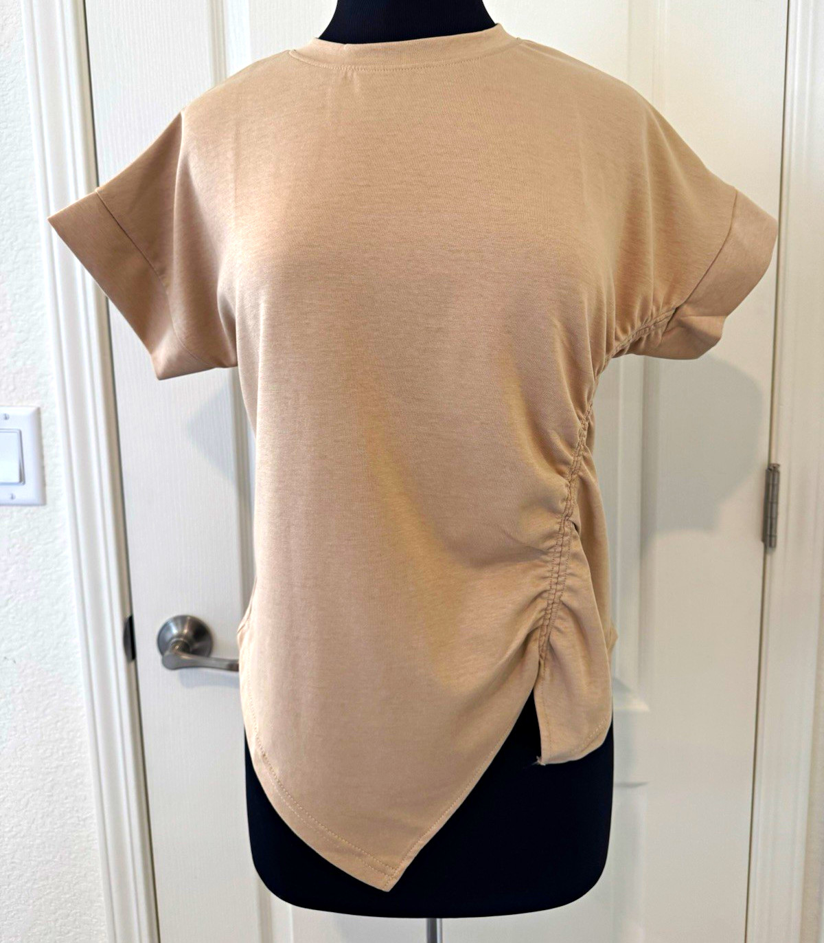 Paradise Beige Solid Knit Ruched Side Short Sleeve Round Neck Blouse (One Size)