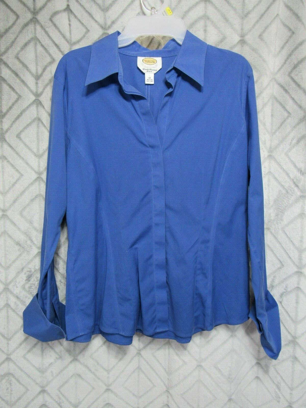 Talbots Top Size 12 Blue Button Front Collar Long Sleeve Wide Roll Up Cuffs