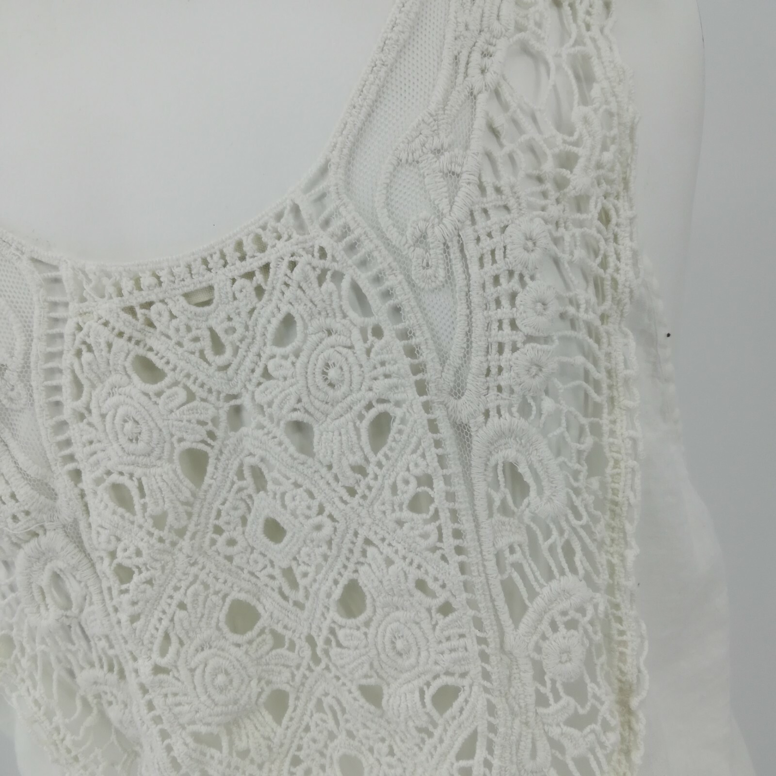 Hippie Laundry Sheer Tank Top Size M Crochet Straps Decorative Back Poms Boho