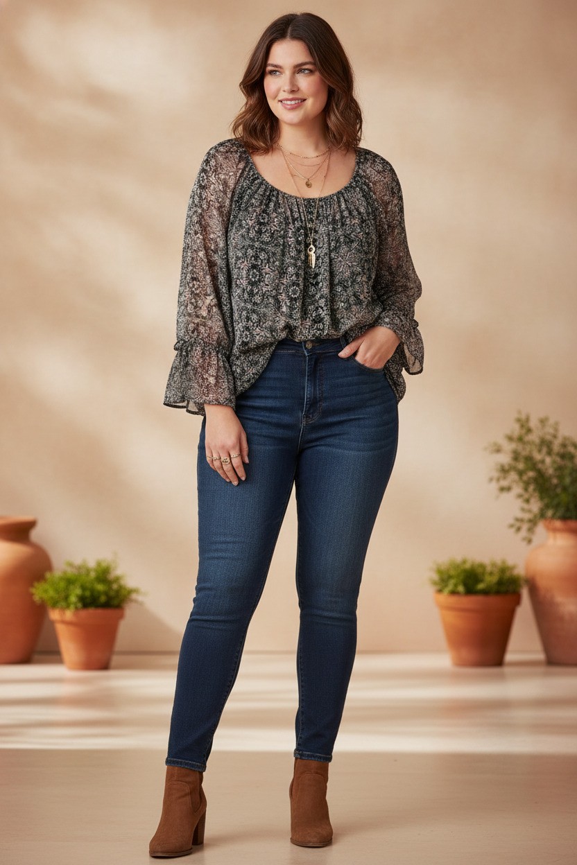 Knox Rose Black Paisley Peasant Blouse Size XL Boho Sheer Long Sleeve Scoop Neck