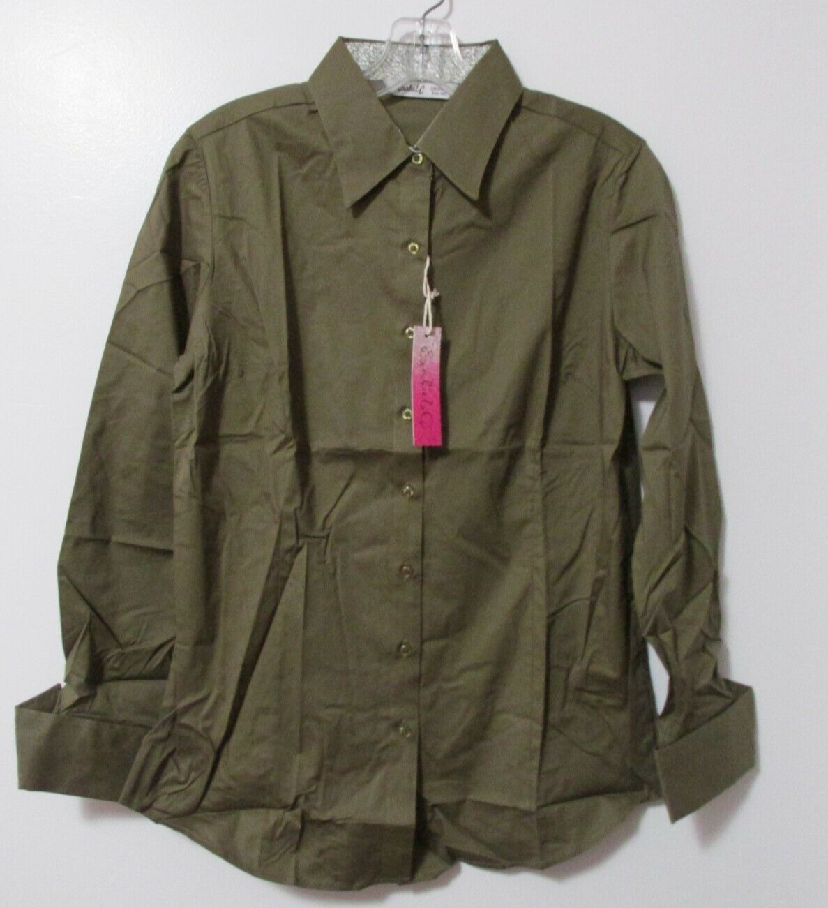 Women’s Esabel.c Button Down Roll Cuff Dress/Work Shirt Olive Size MEDIUM
