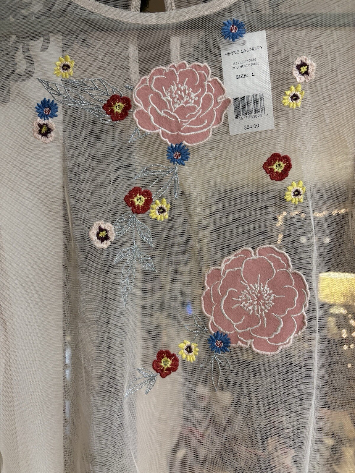 NWT Hippie Laundry Women’s L Boho Blush Sheer Top Floral Appliqués. Vintage Insp