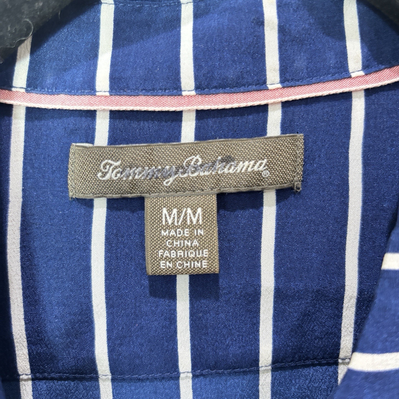 Tommy Bahama 100% Silk Striped Blouse Women M Navy Blue Coastal Quiet Luxury