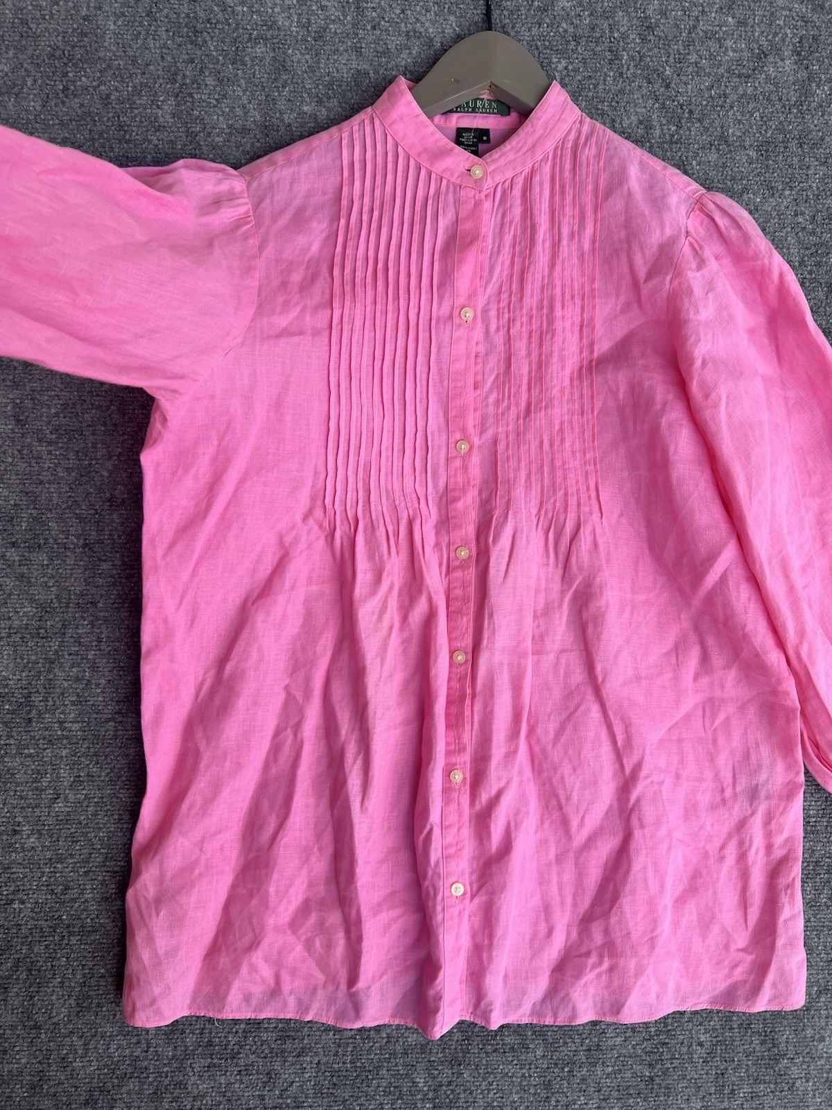 Lauren Ralph Lauren Pink Women’s M 100% linen 3/4 Sleeve Blouse Mandarin Collar.