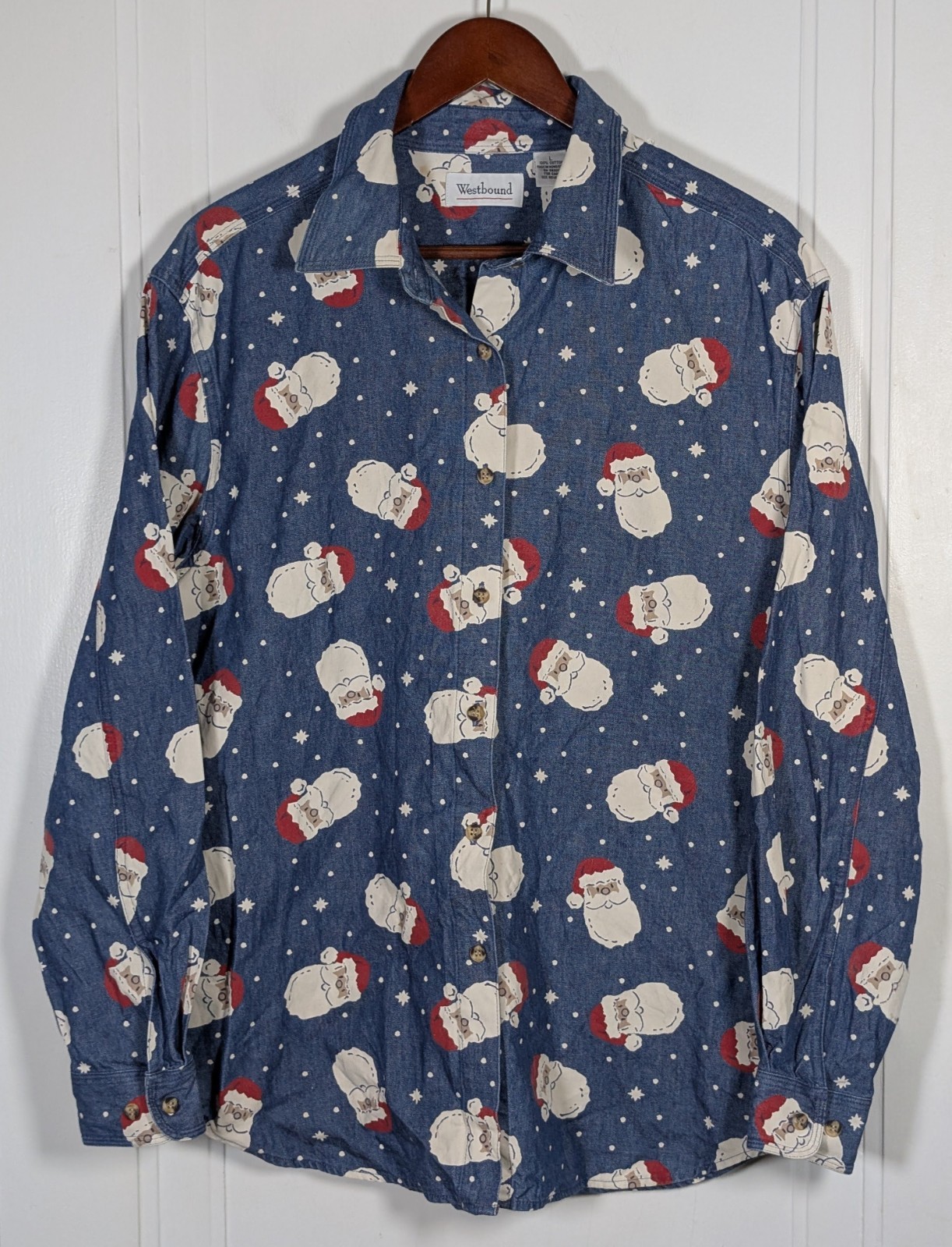 Westbound Santa Claus Print Christmas Shirt Women’s Large Vintage 90s Folk Art