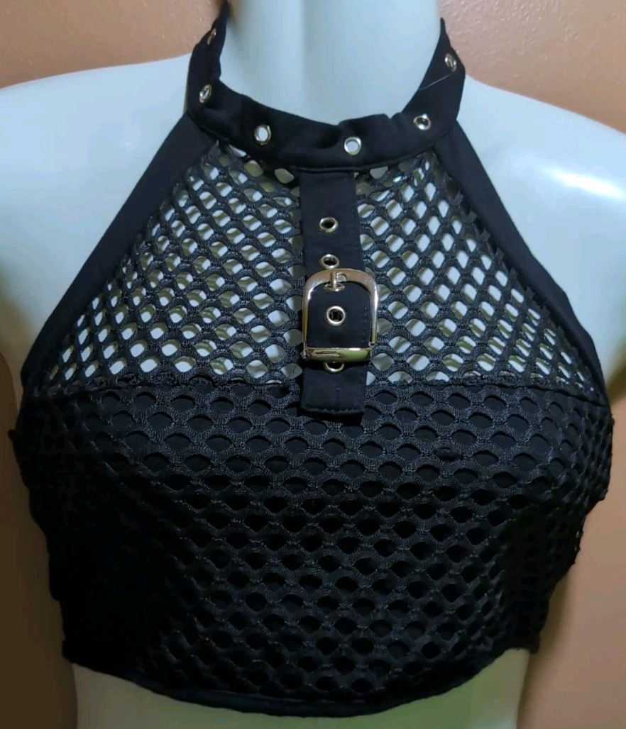 Black, Net, Semi Sheer, Riveted Button Collar, Buckle Design, Pull On Halter, S