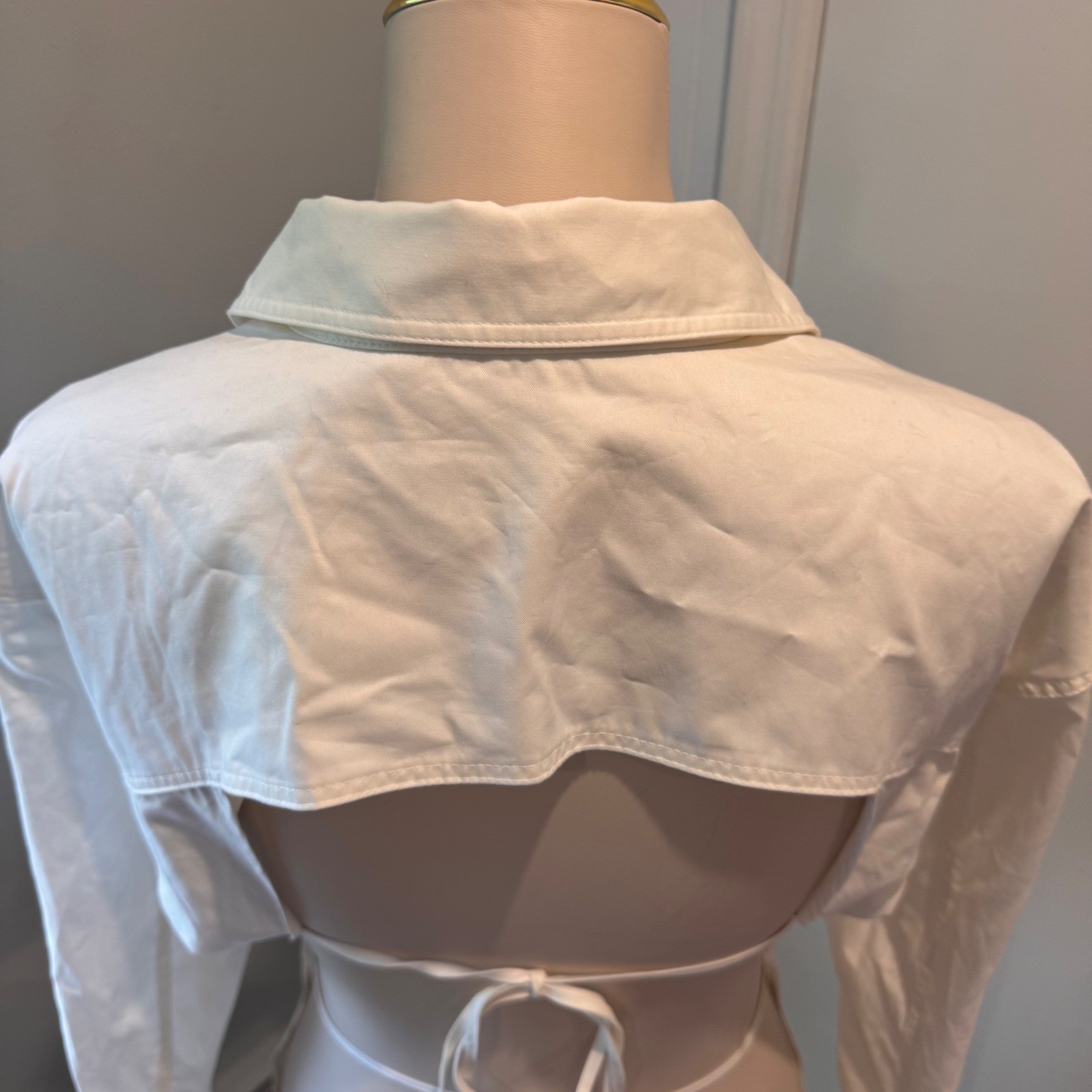 Zara White Open Back Tie Poplin Shirt Button Down Sexy Cutout Detail | Size S