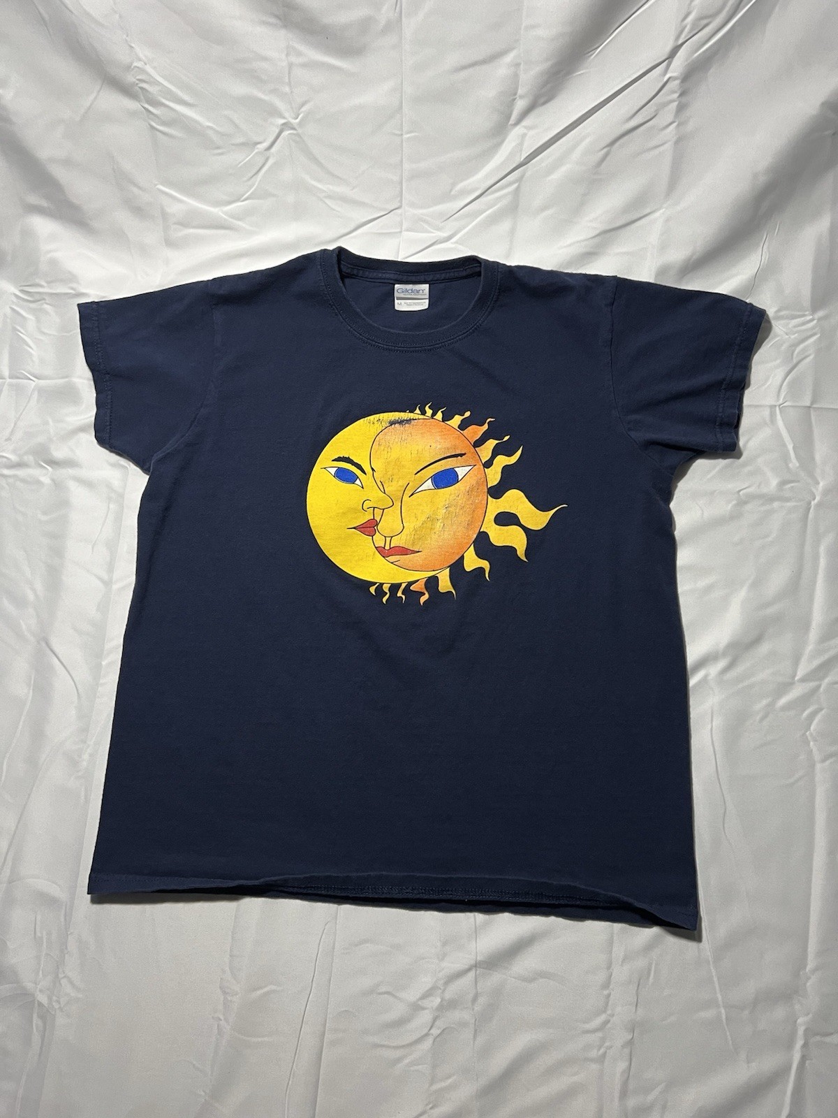 Womens Vintage 2000s Y2K Sun And Moon Art Painting Astrology T Shirt Navy Size M