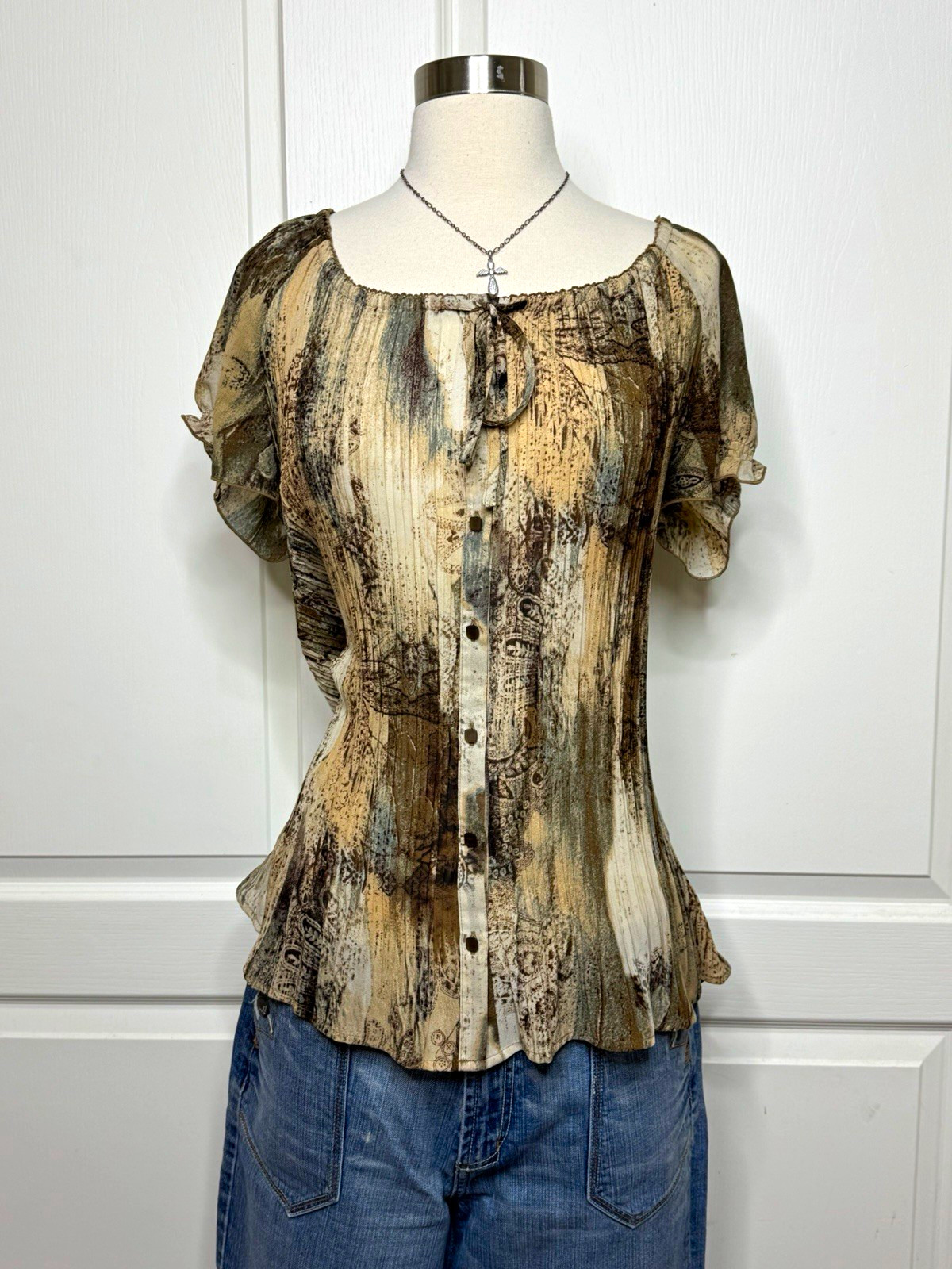dressbarn Women’s Abstract Multicolor Button Front Square Neck Blouse XL