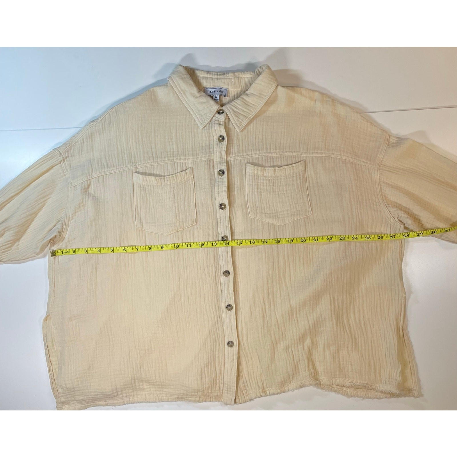 Sage + Fig Gauze Button Down Shirt Womens M Peach Cream Boxy Flowy Top coastal