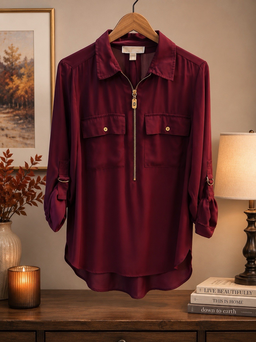 Michael Kors Burgundy Solid Collared Half Zip Blouse w/ Chest Pockets Size M