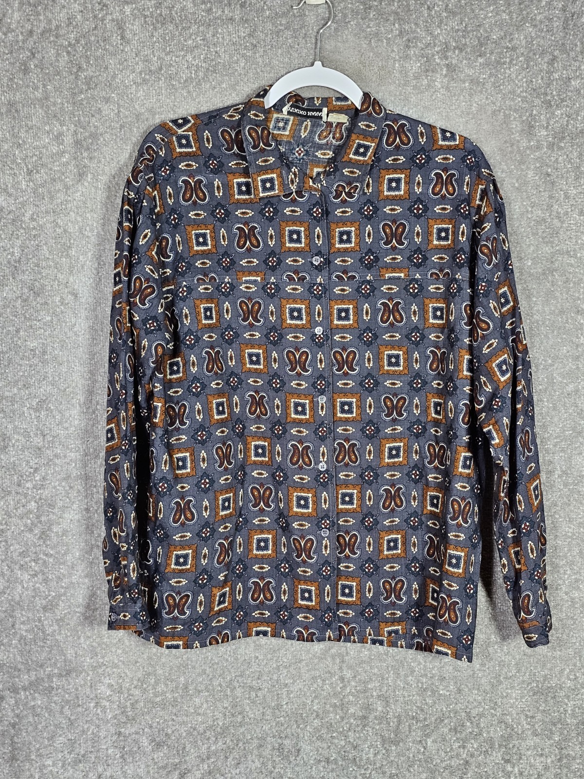 Vintage Yukiko Wool Nylon Top Womens Size 10 Gray Brown Paisley Geo Button Up
