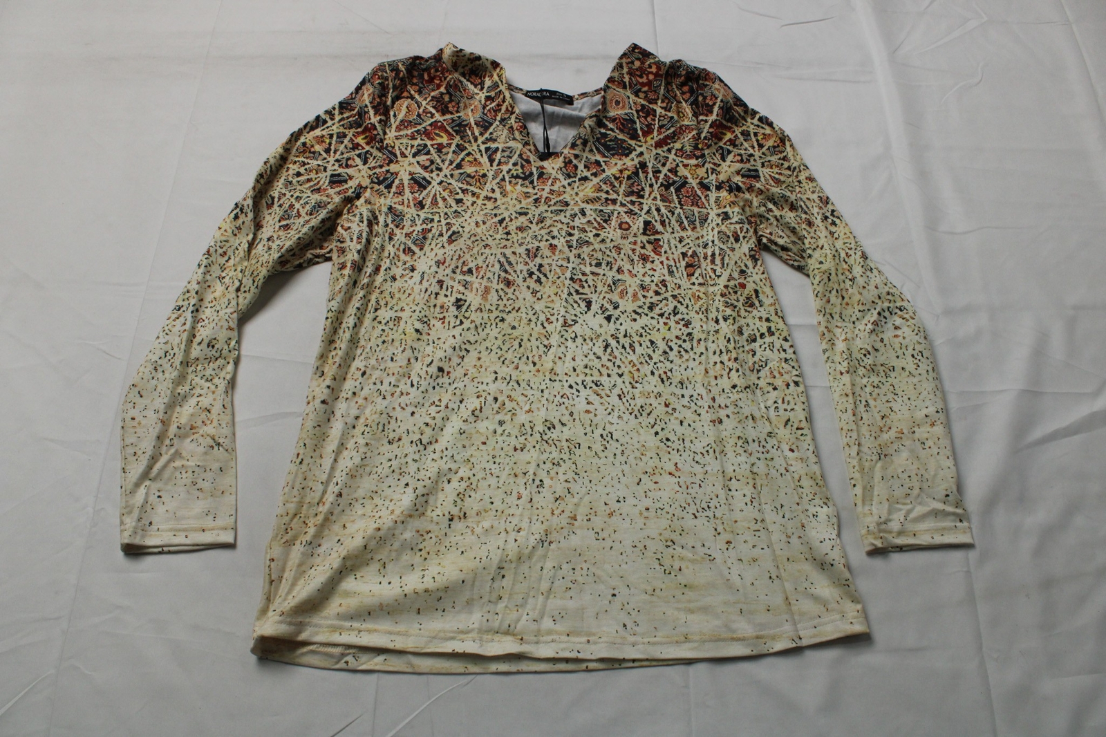 Noracora Women’s V-Neck Abstract Print Long Sleeve T-Shirt DM9 Beige Small NWT