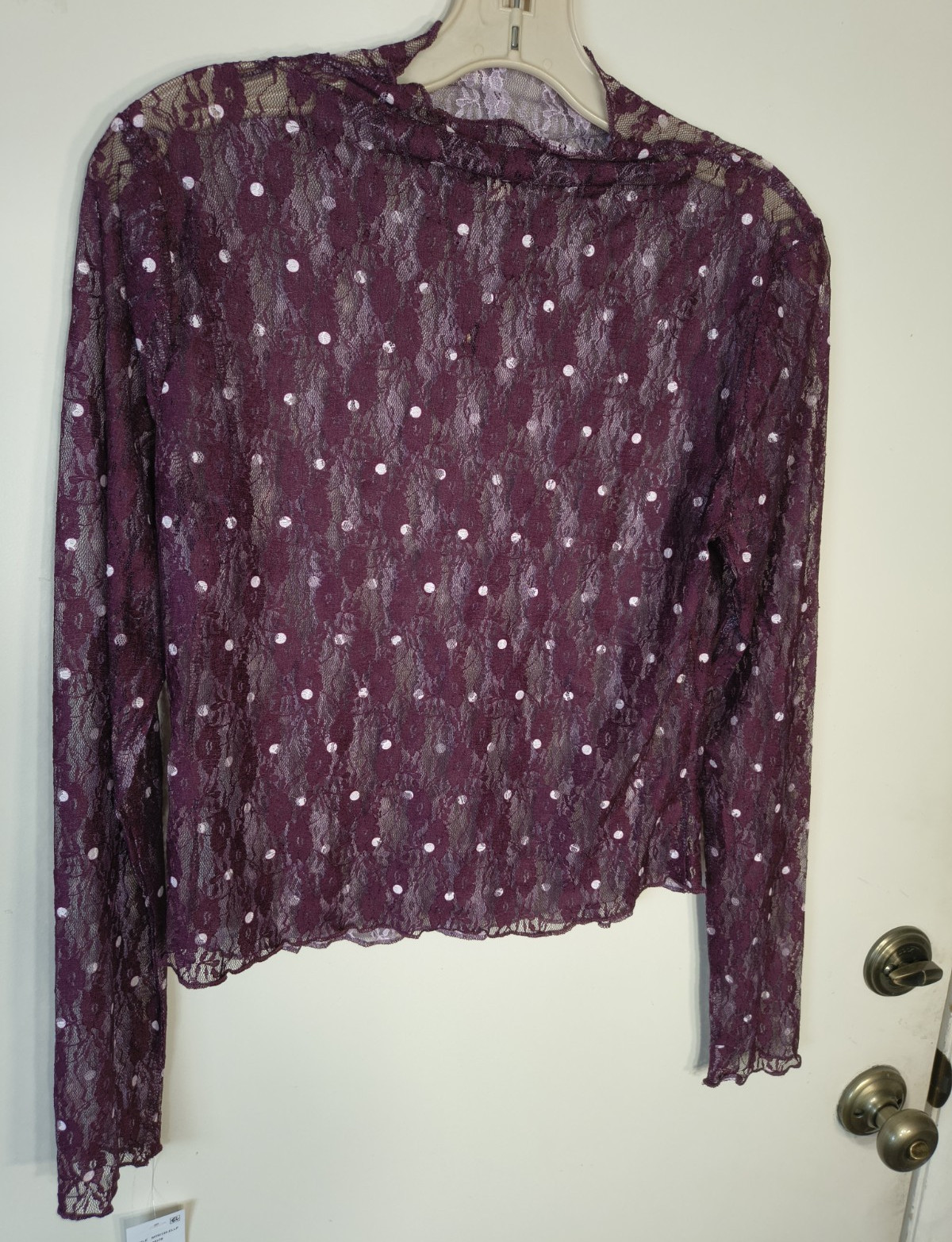 XOXO Women’s L Purple Polka Dot Sheer Mesh Long Sleeve Mock Neck Pullover Top