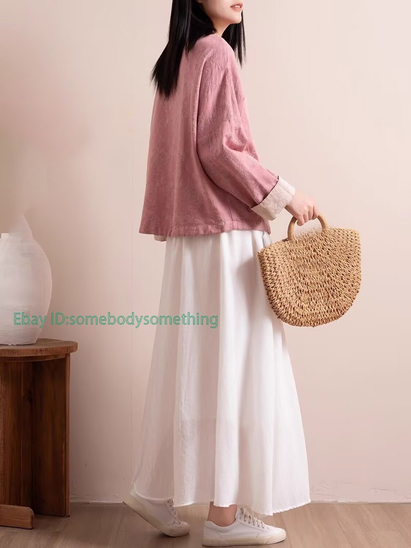 Chinese Style Retro Womens Loose Shirt Cotton Linen Casual Tops Coat Long Sleeve