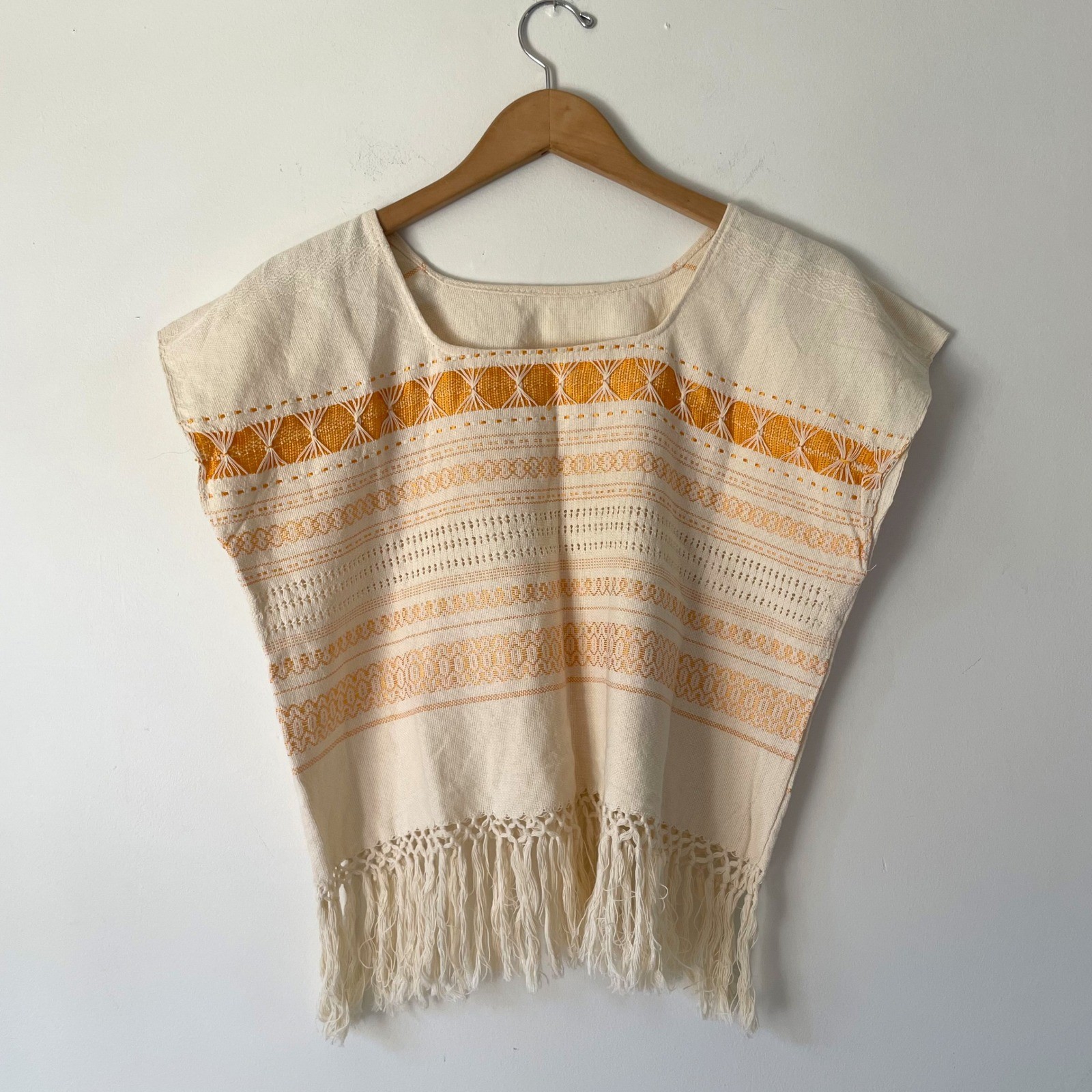 Mexican Huipil Embroidered Fringe Top Large Boho Eclectic Folk Festival