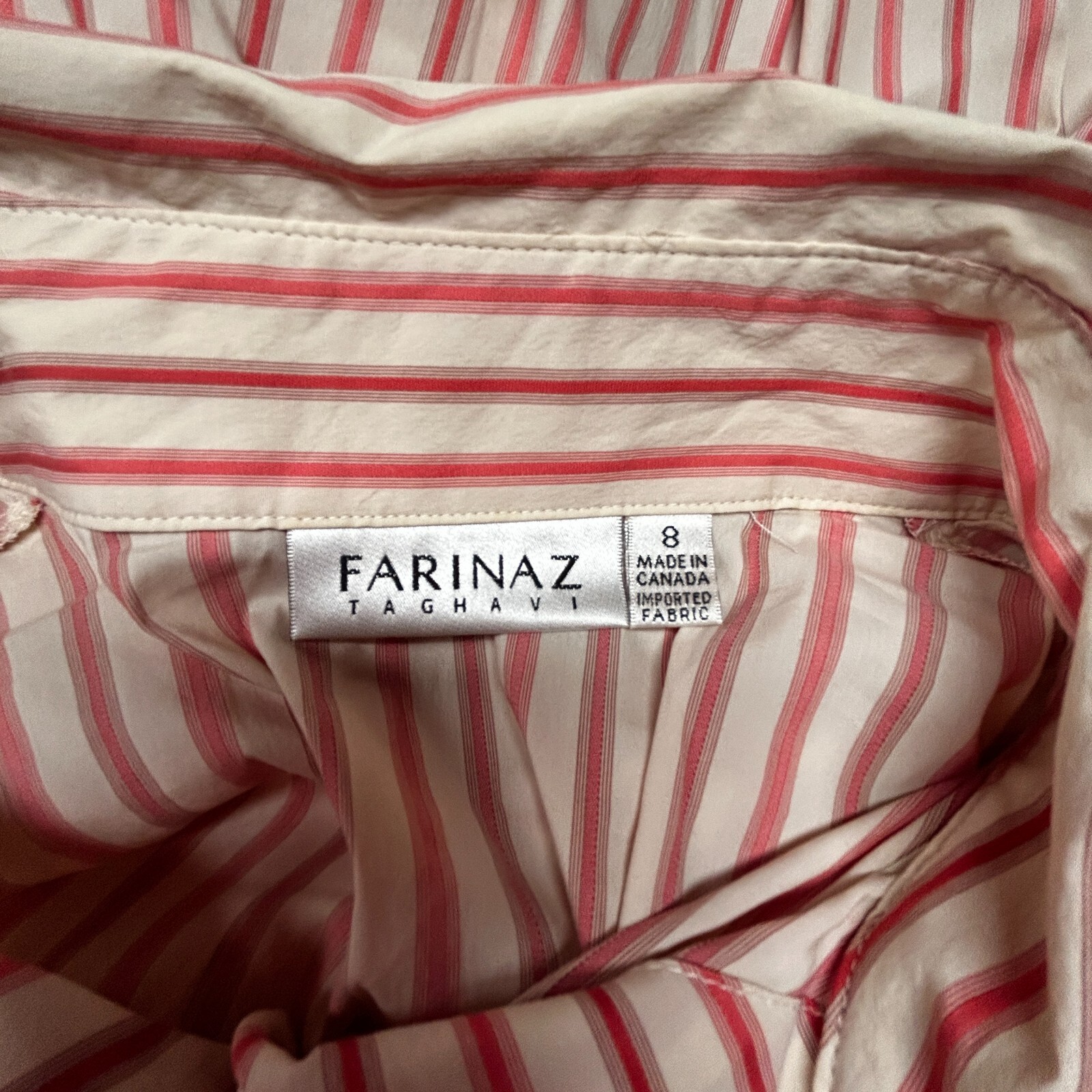 Farinaz Taghavi Women’s Button Up Striped Shirt Top Size 8 Red Ivory Long Sleeve