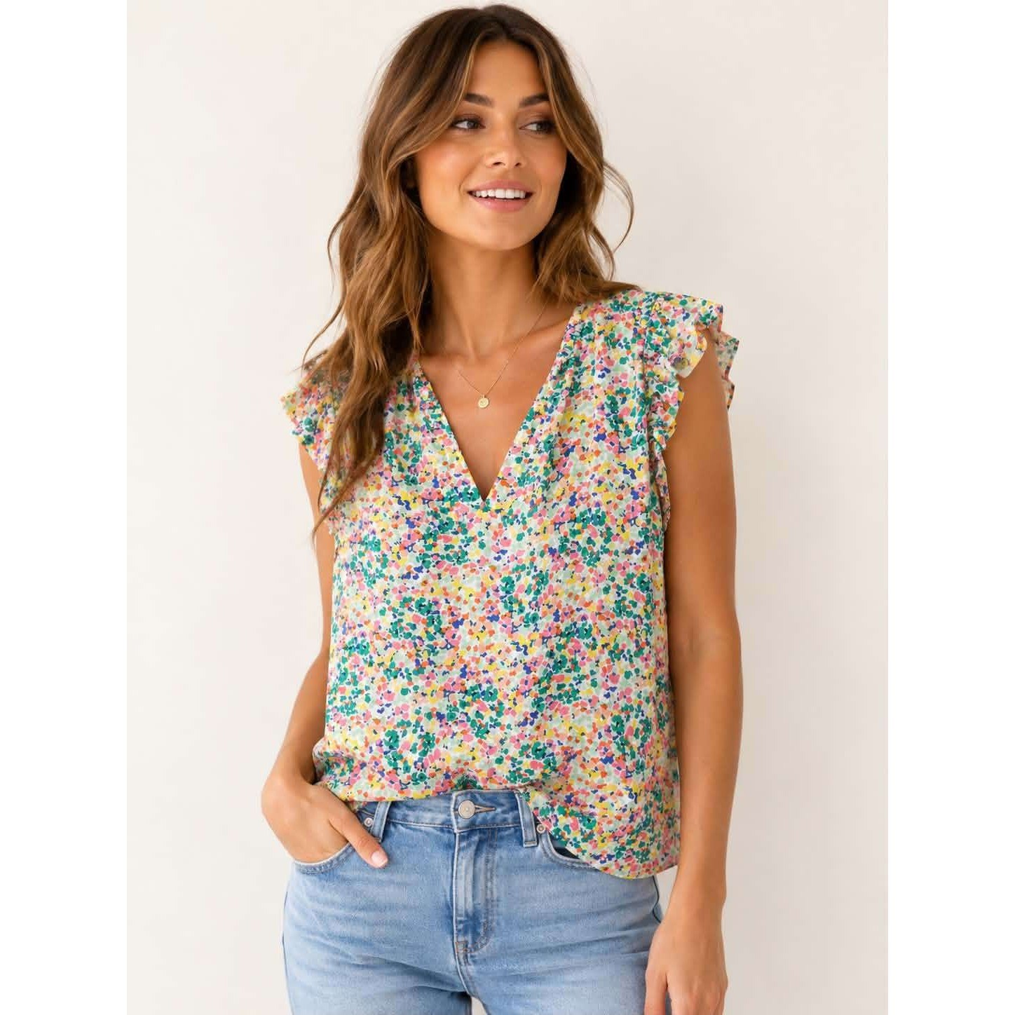 Loft Women Multi Color Floral Flutter Sleeve V-Neck Blouse Top Medium Rayon