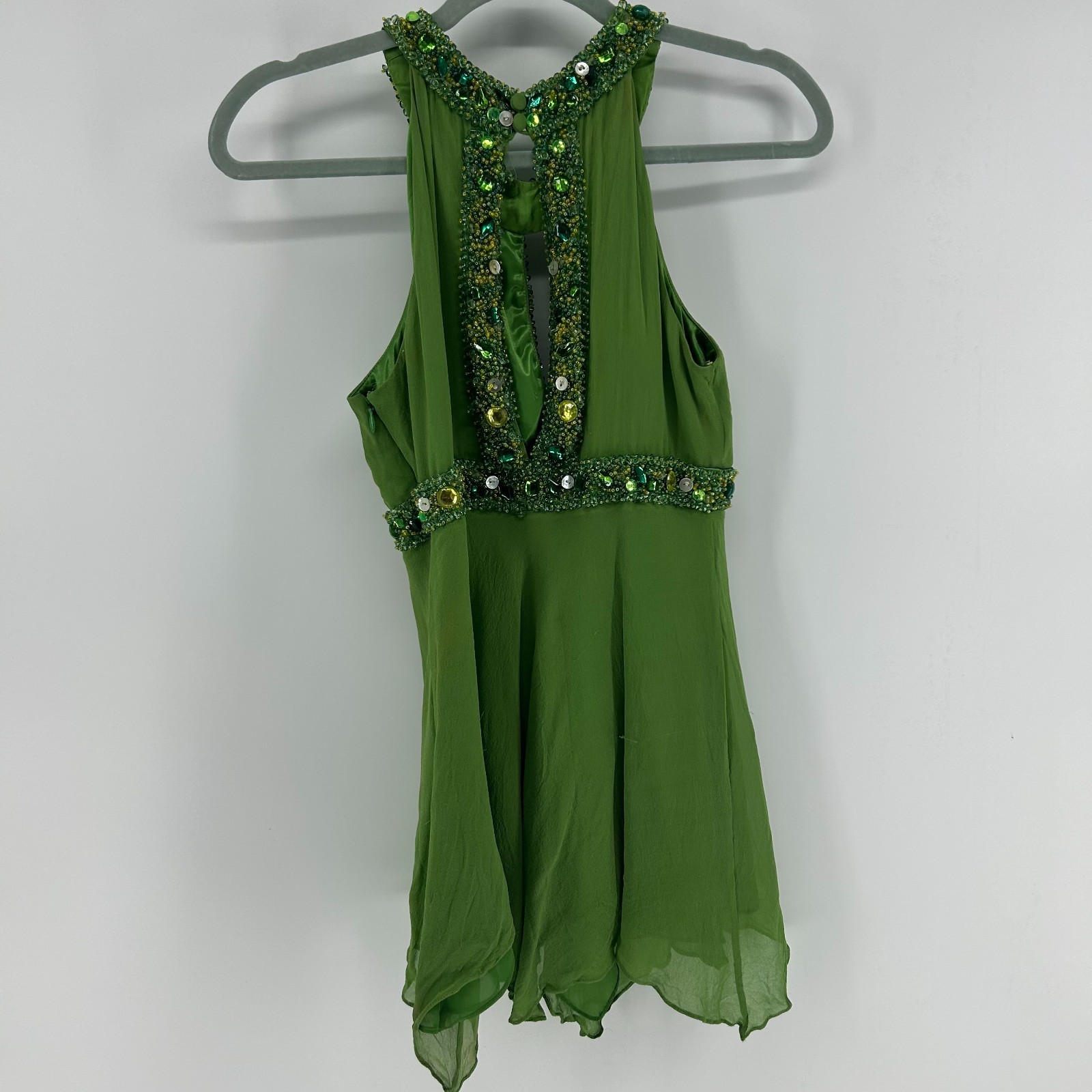 Sue Wong Nocturne Beaded Silk Top Womens XS Vintage Green Y2K Fairy Goddess Tank