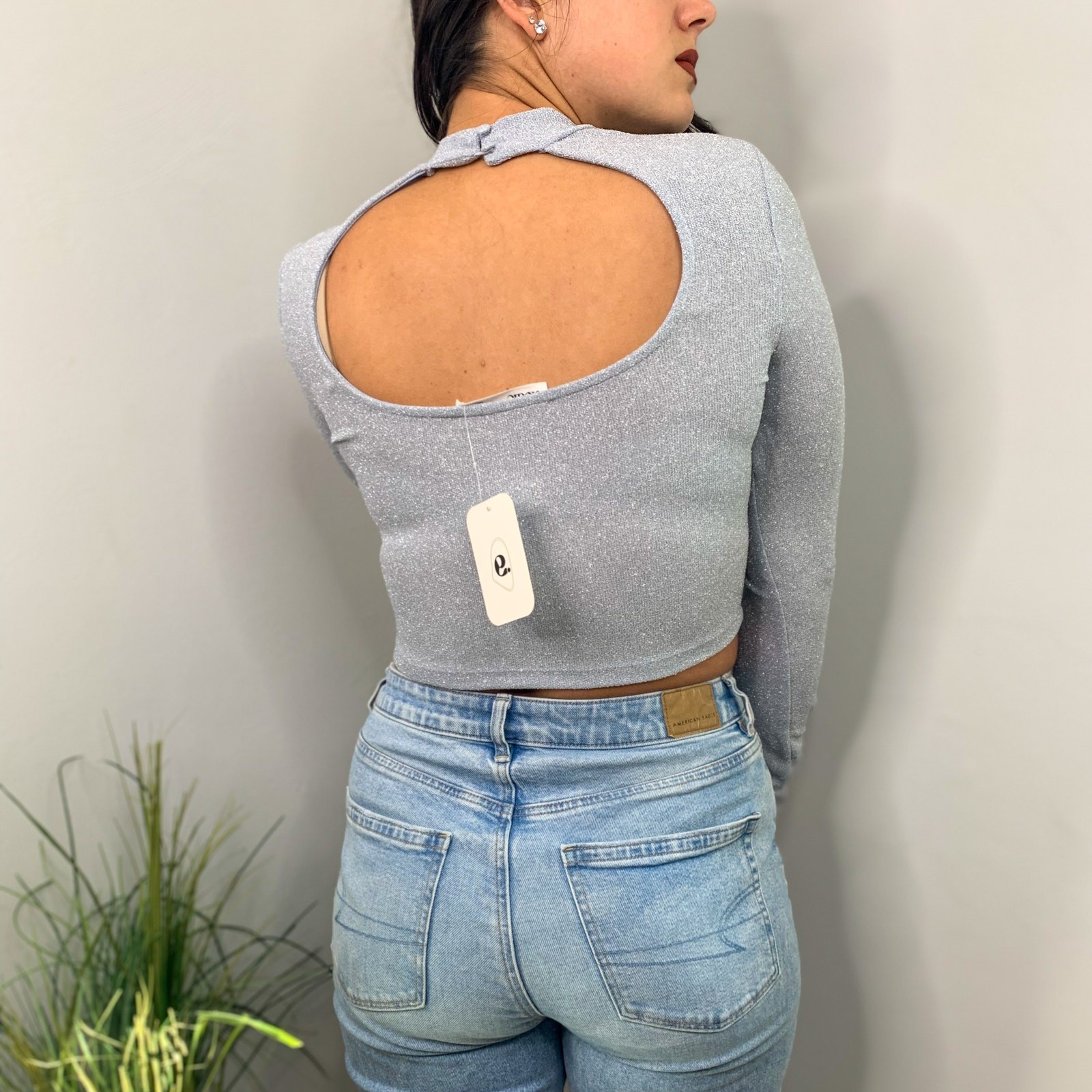 Elodie Blue Sparke Crop Top Long Sleeve Cut Out Mock Neck Open Back Top SMALL