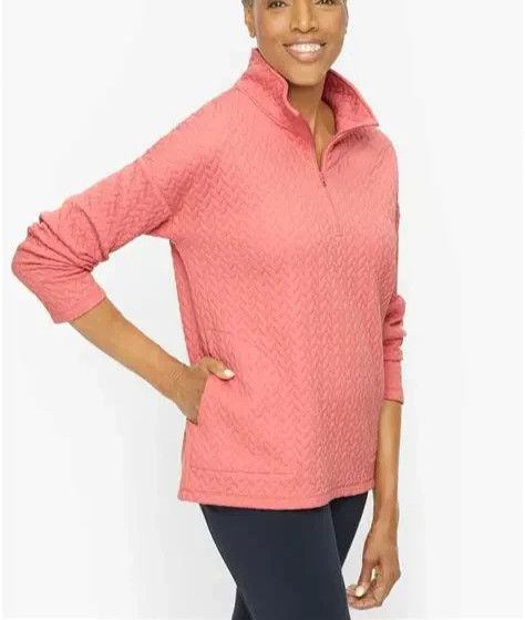 TALBOTS Pink Quilted Jacquard Zip Mockneck Sweatshirt Pullover Petite XL