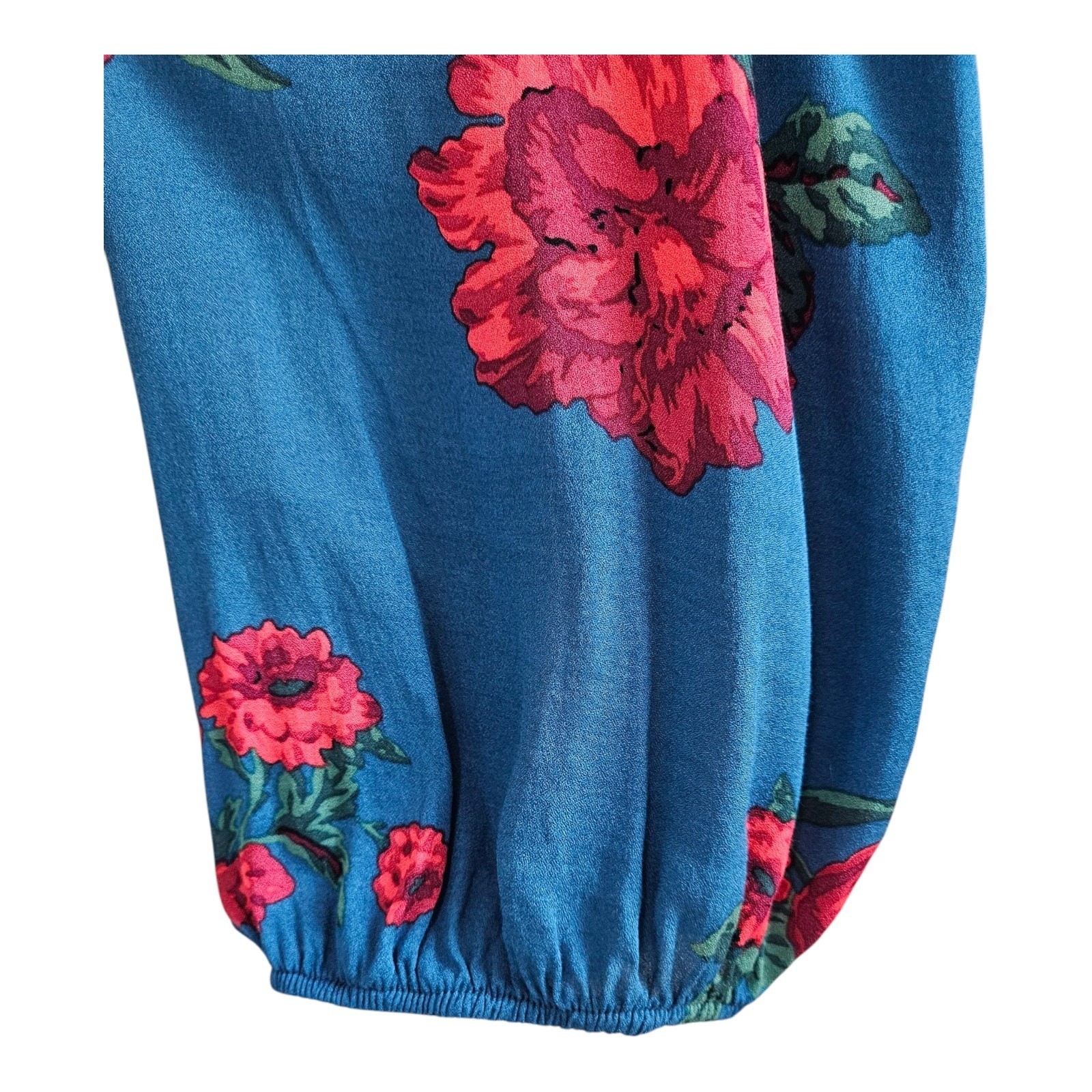 ANTHROPOLOGIE Maeve XS Kalas Blouse Top 1/2 Buttons Dark Turquoise Red Floral 38