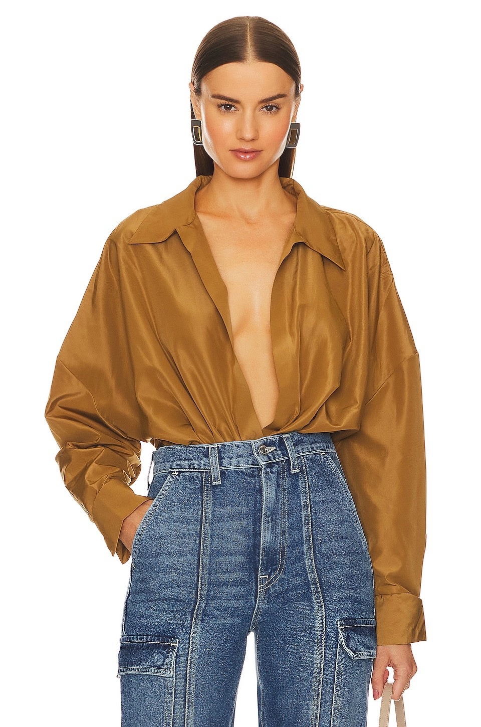 NWT $325 NORMA KAMALI Super Oversized Boyfriend Shirt Bodysuit – Woods – XS 34