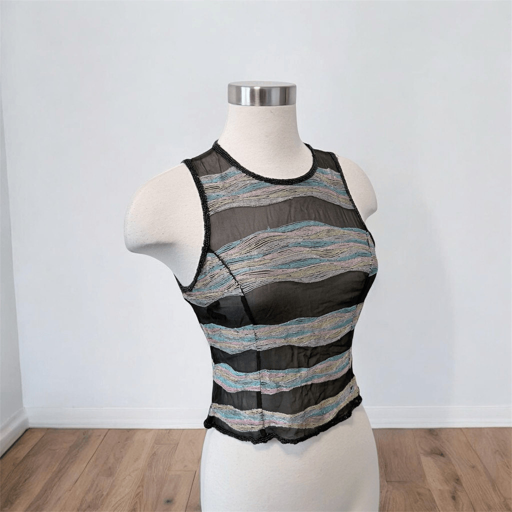 Black Rainbow Sheer Silk Sleeveless Blouse Wave Stripe Bead Small VTG
