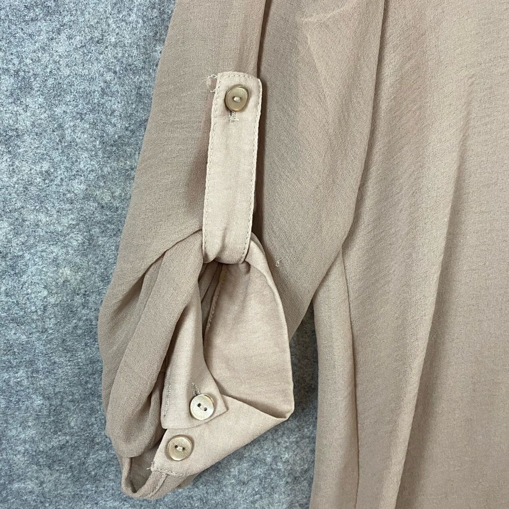 Jade Melody Tam Blouse Size L Taupe Semi Sheer Roll Tab Sleeves V-neck Neutral