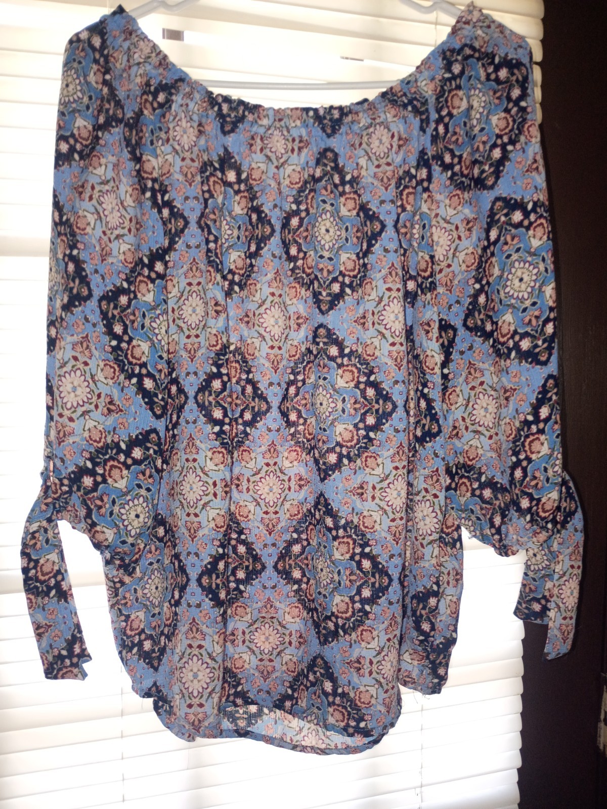 Westport Women L Blue Multicolor Floral Chiffon Smocked Boat Neck Blouse