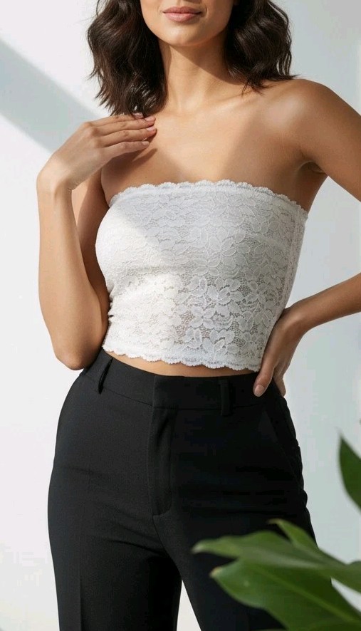 BLACK/IVORY 11 ” LACE BOOB TUBE TOP STRAPLESS STRETCH BRA BANDEAU LINGERIE