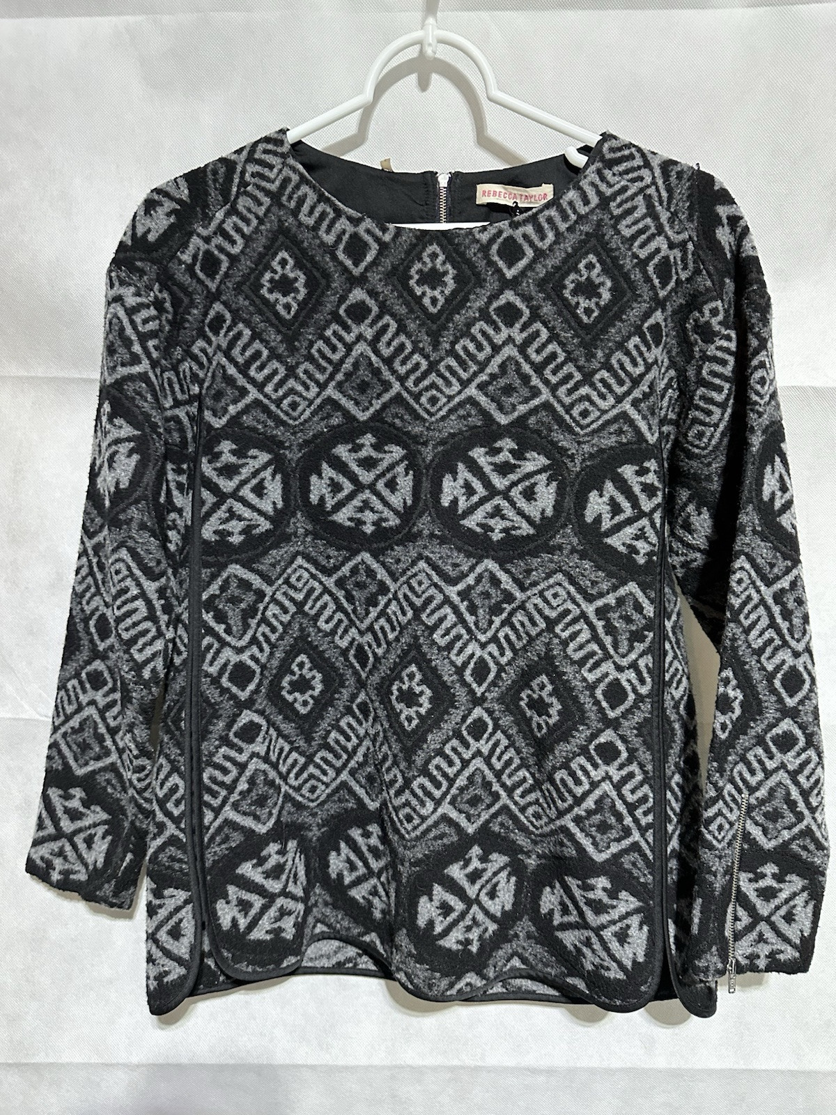 Rebecca Taylor Wool Blend Black Gray Zip Top Sweater Aztec Southwest Argyle Sz 2