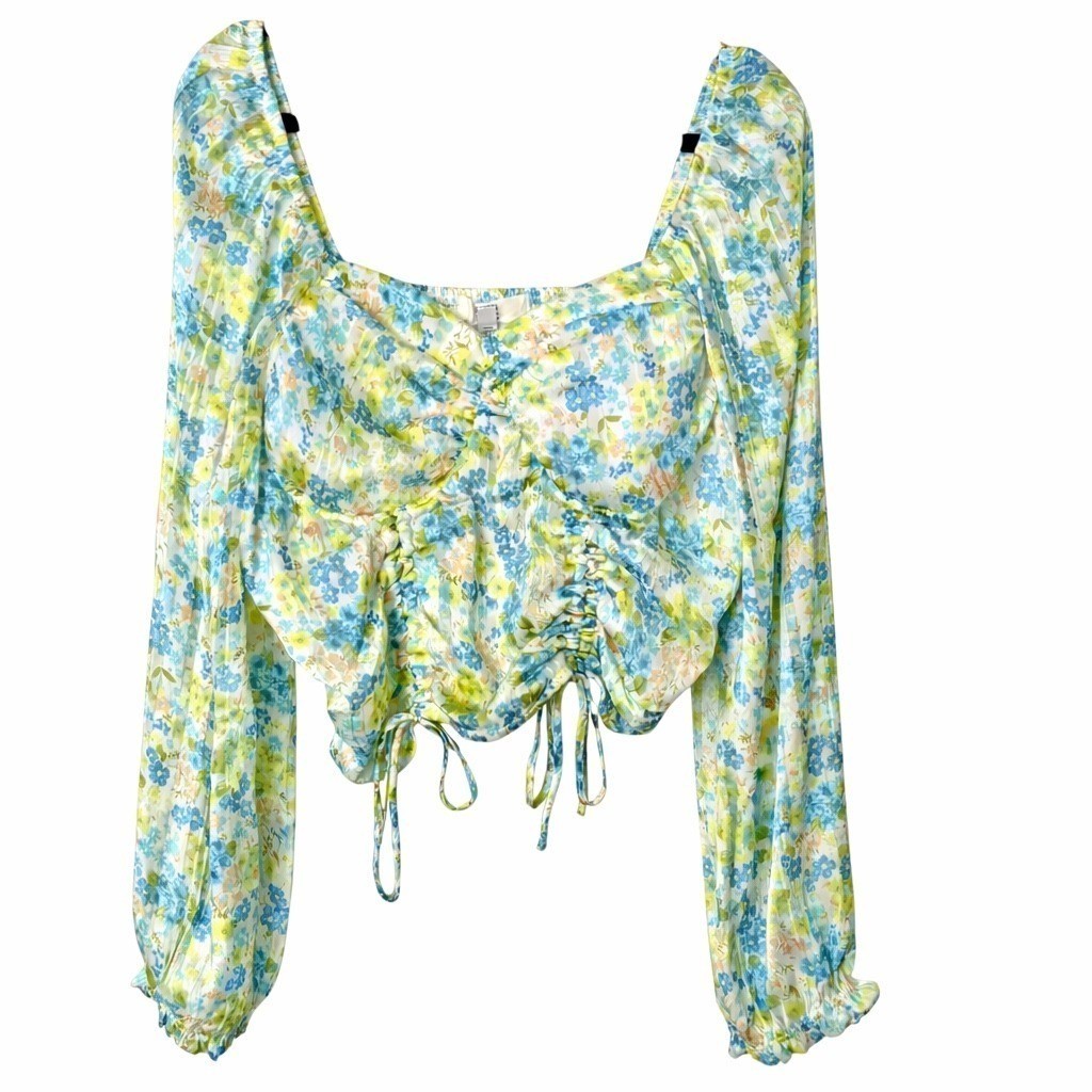 Womens 3X Crop Top Blue Green Floral Ruched Smocked Pastel Fairy Ethereal Boho