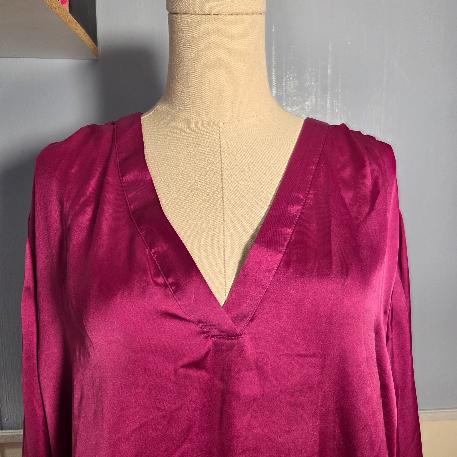 Express XXL Bright Silky Pink V Neck Longsleeve Dressy Holiday Office Blouse