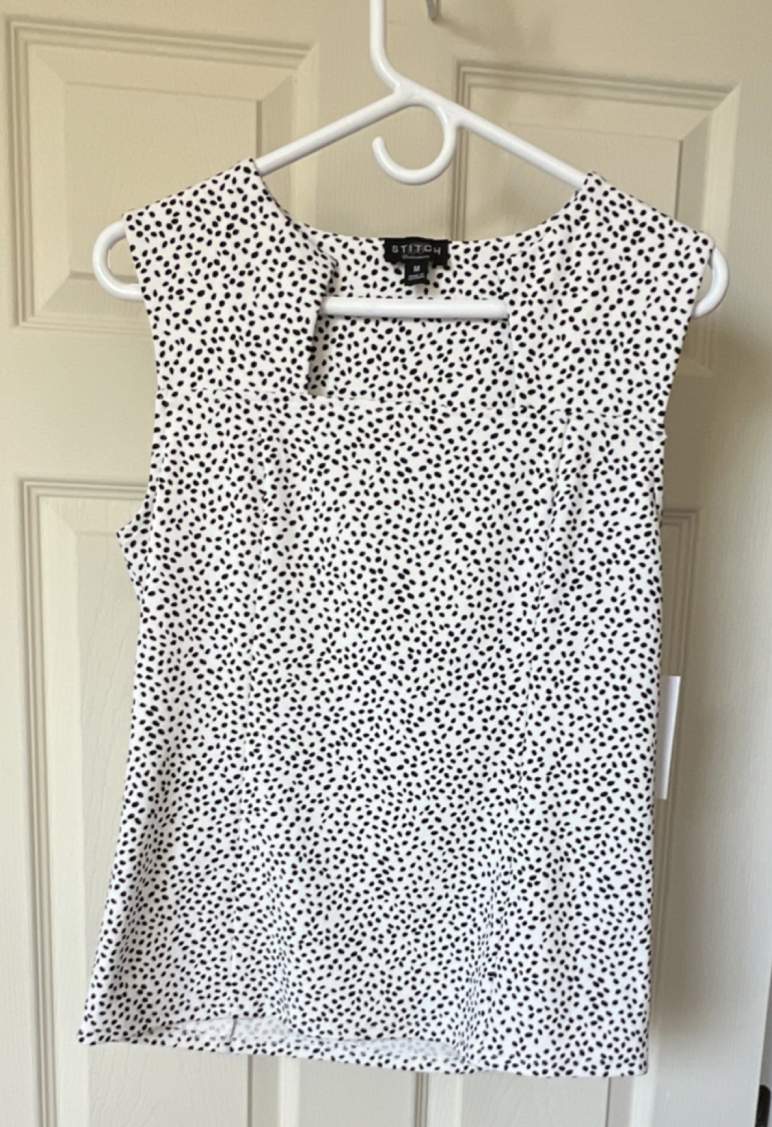 Sleeveless Spotted Square Neck Blouse White Black Size M
