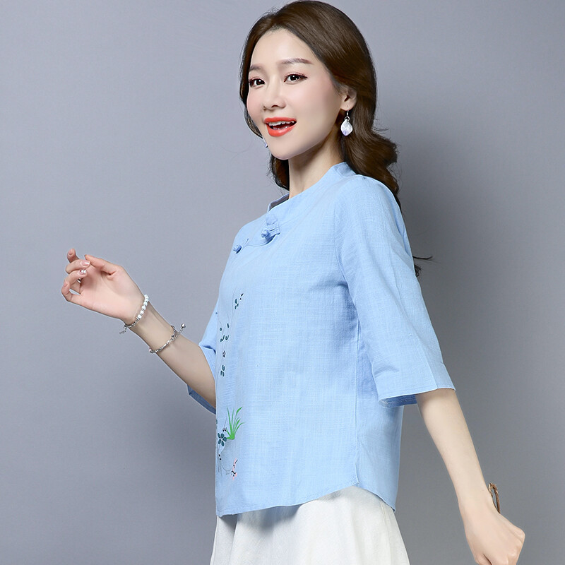 Women Chinese Cotton Linen T-shirt Ethnic Floral Blouse Tops Mandarin Collar