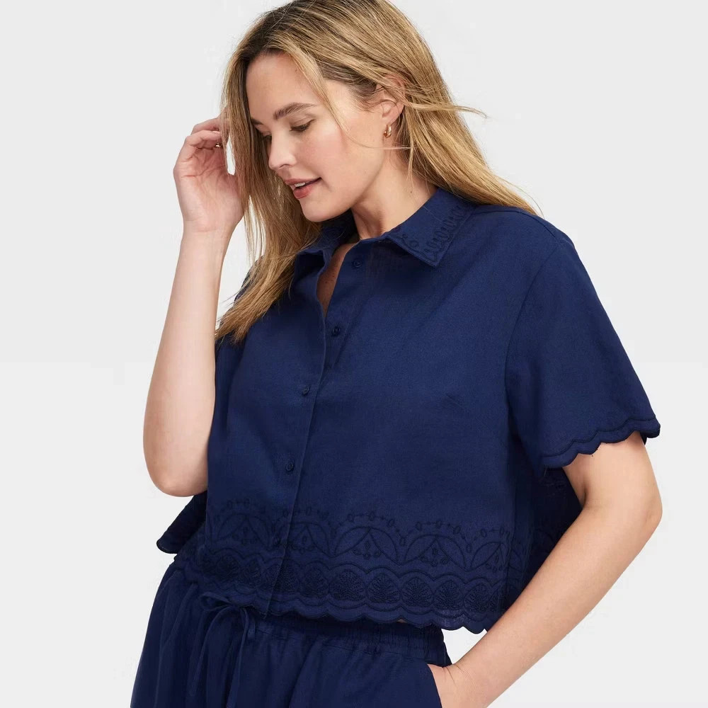Women’s Short Sleeve Scalloped Hem Shirt Navy Blue – Roller Rabbit Size 1X NWT